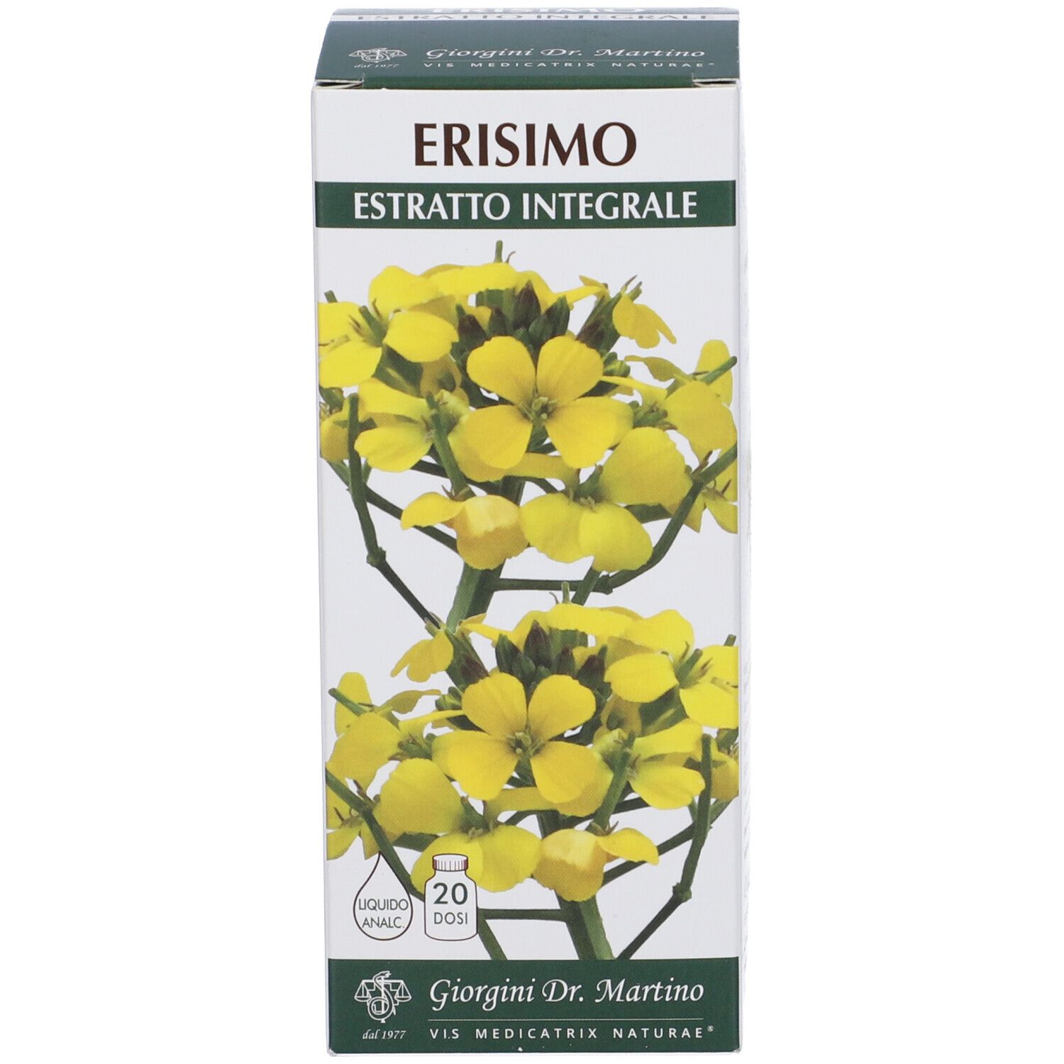 Schachtel mit Produkt. Aufschrift: Erisimo Estratto Integrale. Abbildung gelber Blüten. Marke: Giorgini Dr. Martino. 20 Dosen.