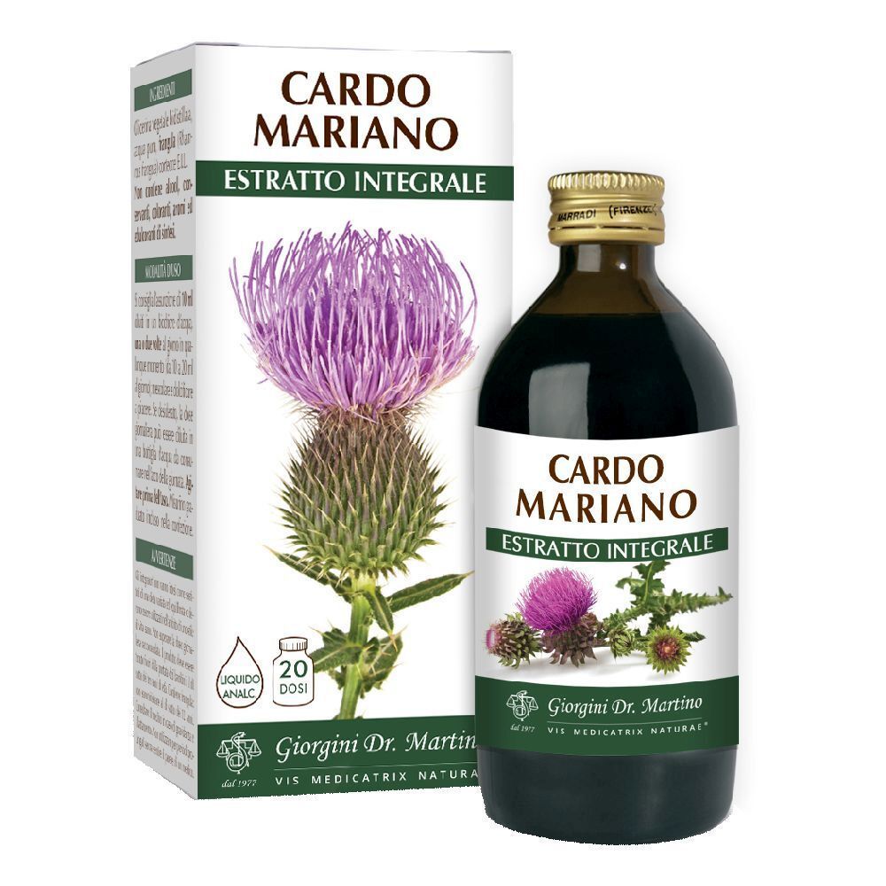 Braune Glasflasche mit goldfarbenem Verschluss und Etikett. Aufschrift: Cardo Mariano, Estratto Integrale. Mit Schachtel.