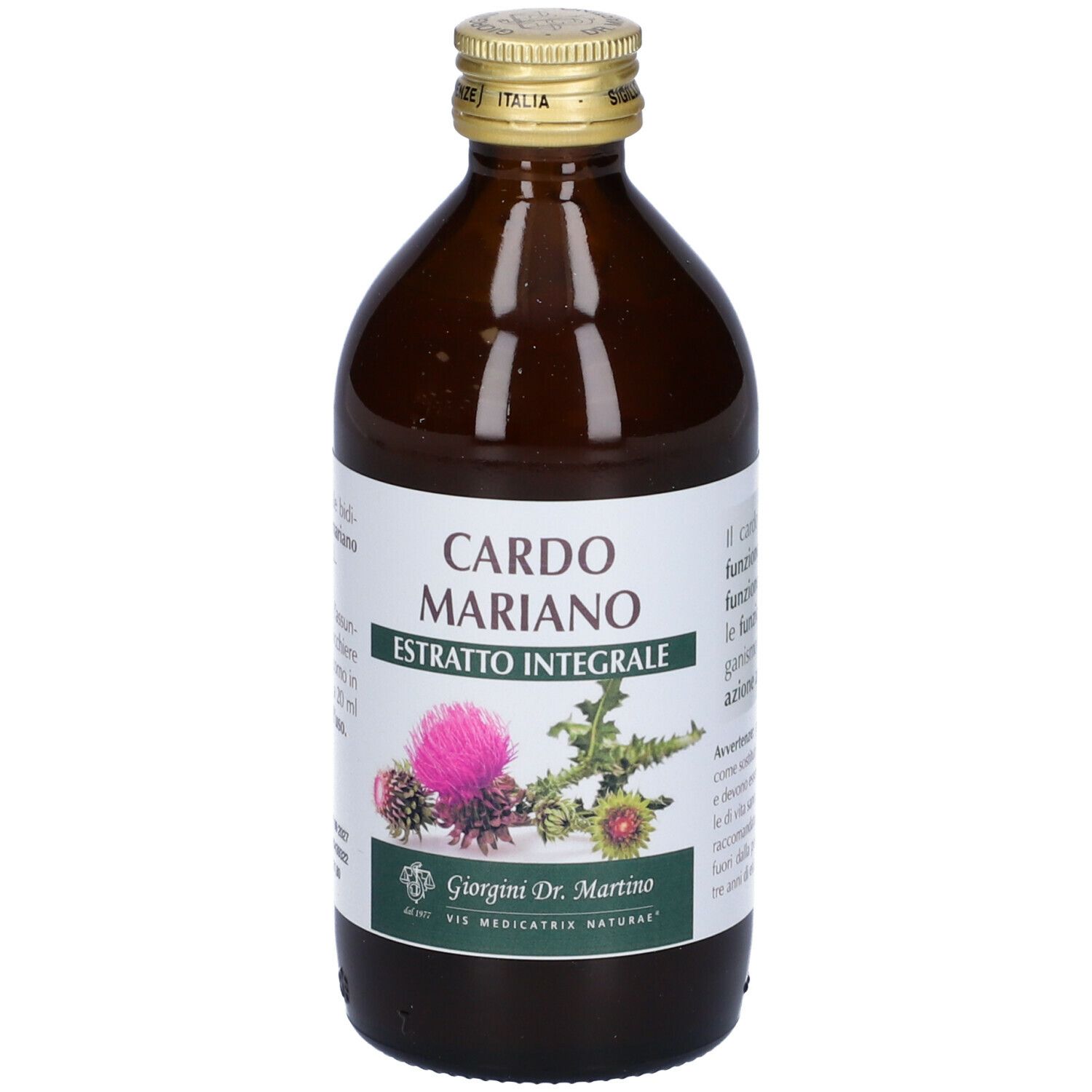 Braune Glasflasche mit goldfarbenem Verschluss. Aufschrift: Cardo Mariano, Estratto Integrale. Abgebildet ist eine Distelblüte.