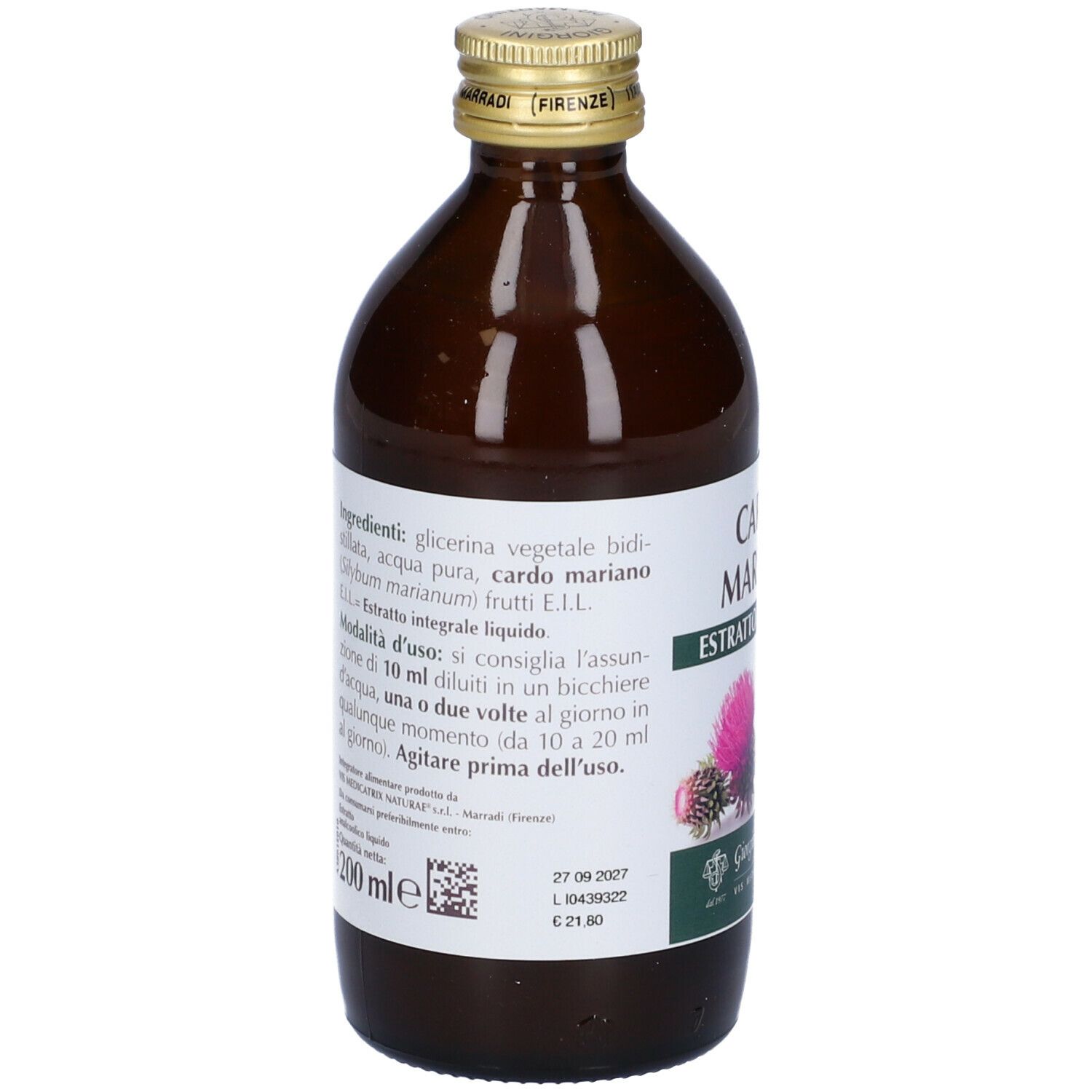 Braune Glasflasche mit goldfarbenem Verschluss. Aufschrift: Cardo Mariano, Estratto Integrale. Rückseite mit Inhaltsstoffen.