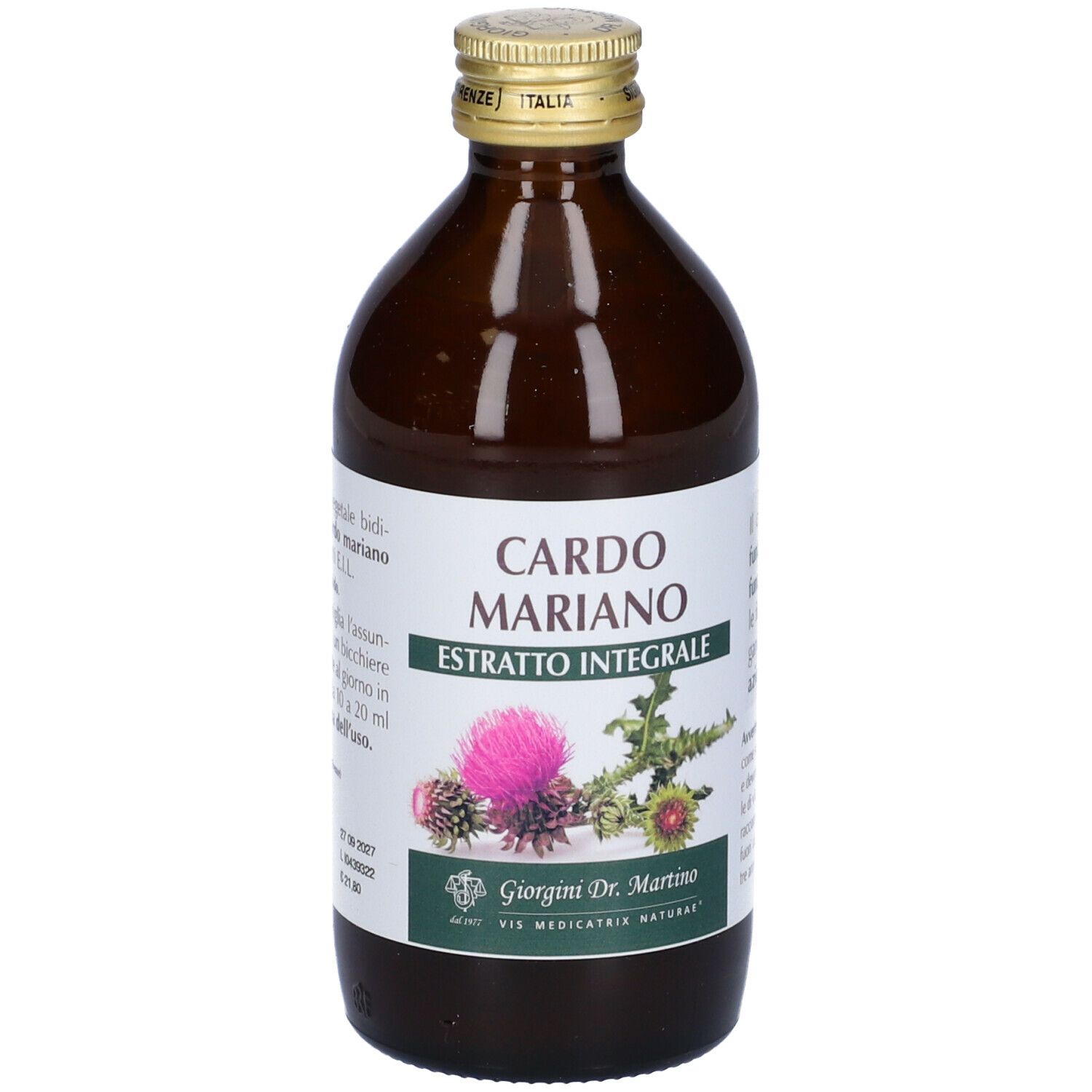 Braune Glasflasche mit goldfarbenem Verschluss. Aufschrift: Cardo Mariano, Estratto Integrale. Distelblüte abgebildet.