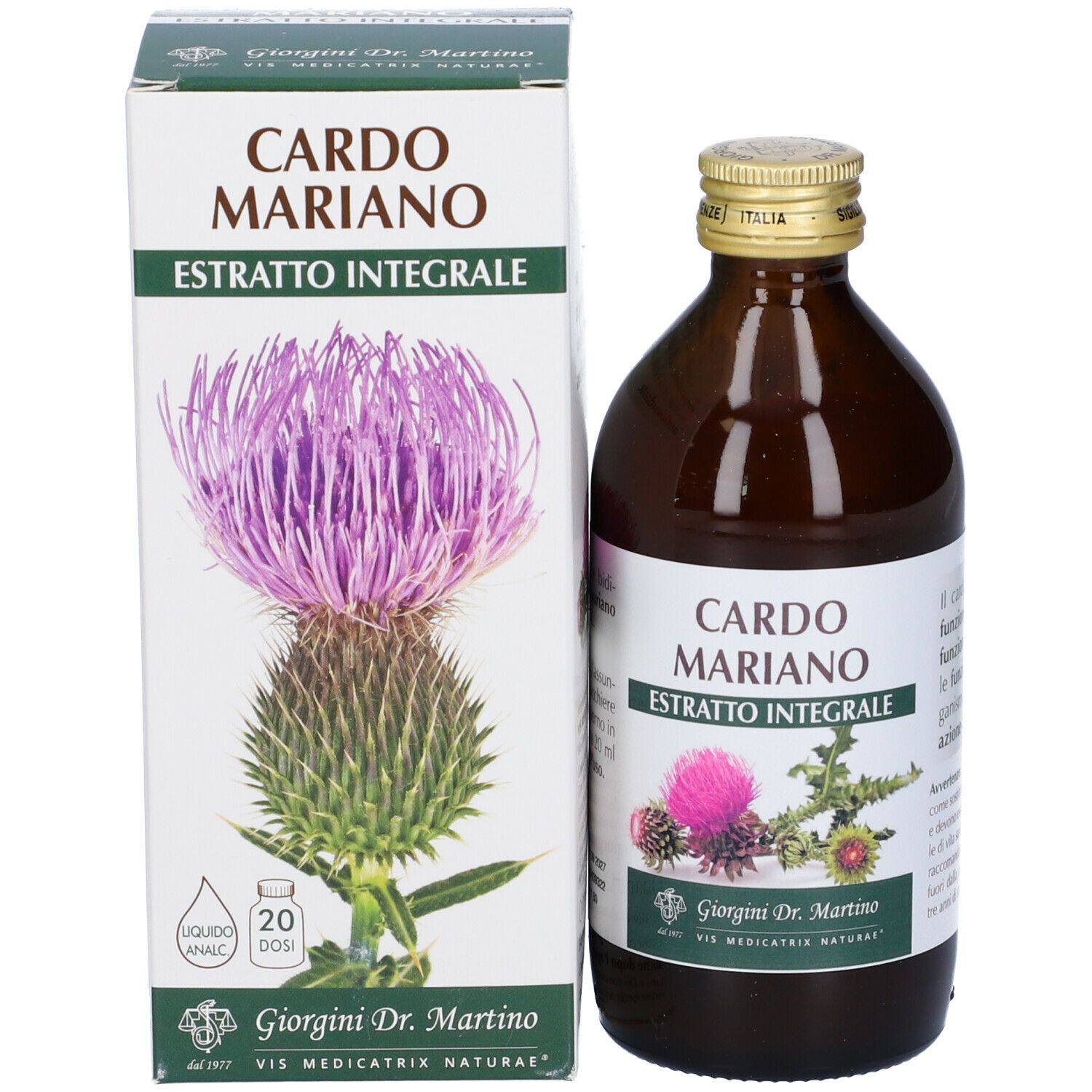 Braune Glasflasche mit goldfarbenem Verschluss. Aufschrift: Cardo Mariano, Estratto Integrale. Mit Distelblüte und Logo.
