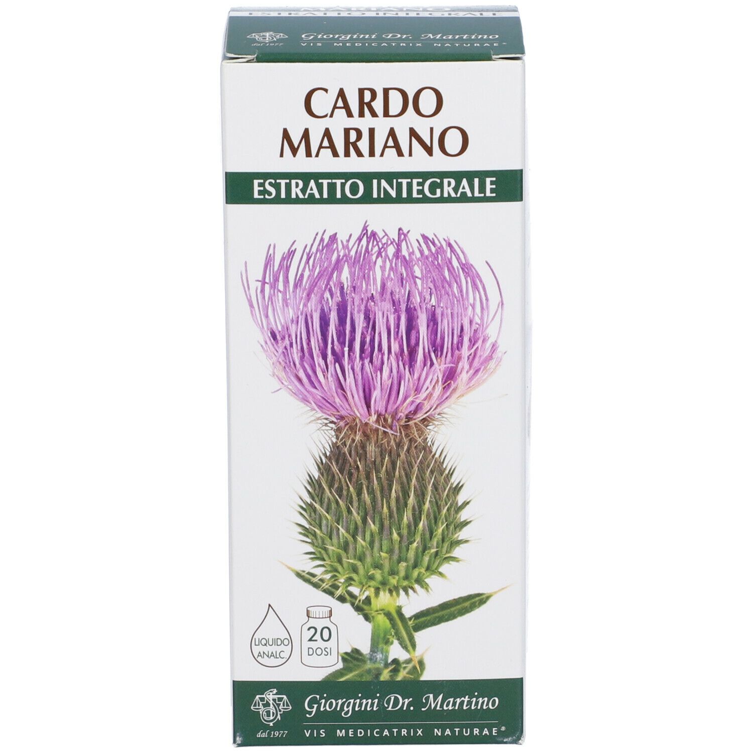 Produktverpackung mit Flasche. Aufschrift: Cardo Mariano, Estratto Integrale. Mit Distelblüte und Logo.