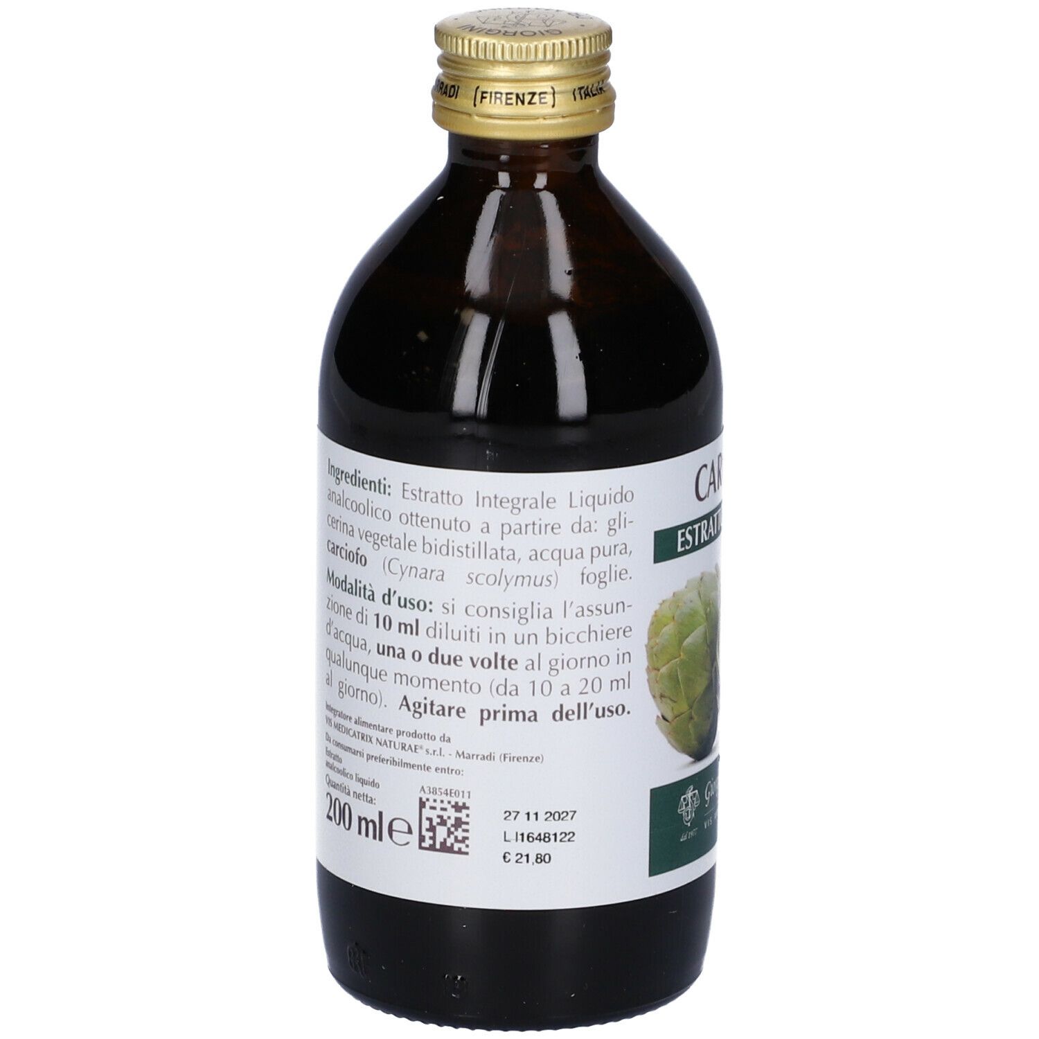 Flacon en verre brun avec bouchon doré. Inscription : CARCIOFO. Étiquette avec ingrédients et instructions d'utilisation.