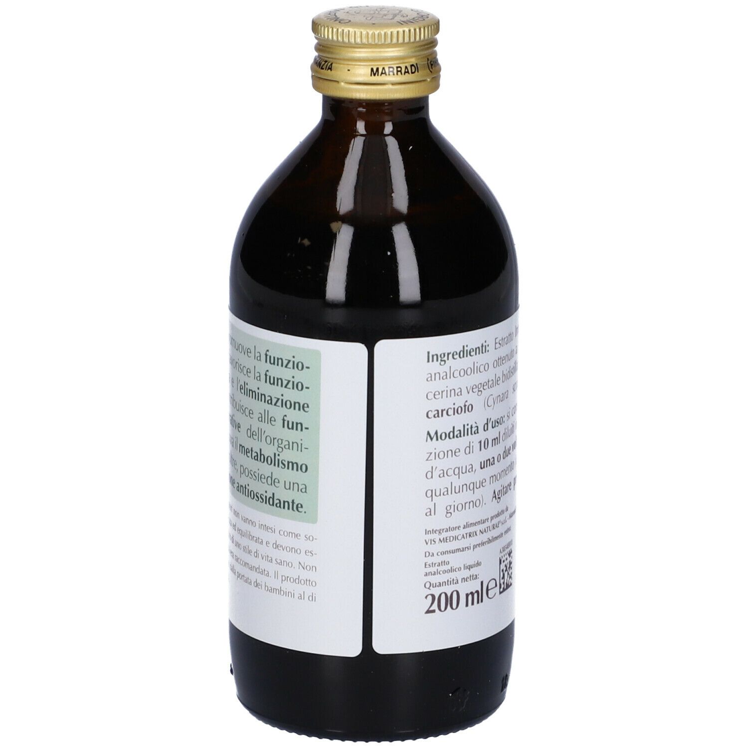 Flacon en verre brun avec bouchon doré. Inscription : CARCIOFO. Étiquette avec ingrédients et instructions d'utilisation.