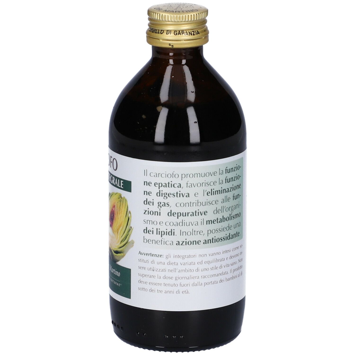 Flacon en verre brun avec bouchon doré. Inscription : CARCIOFO. Étiquette avec informations produit et fabricant.