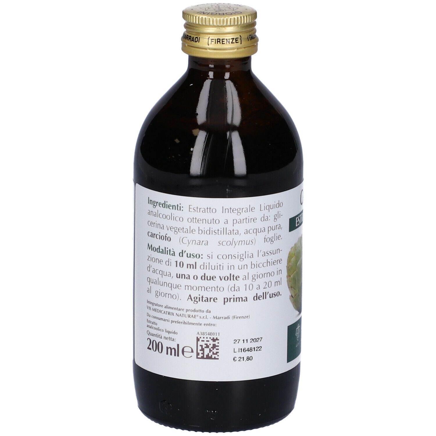 Flacon en verre brun avec bouchon doré. Inscription : CARCIOFO. Étiquette avec ingrédients et instructions d'utilisation.