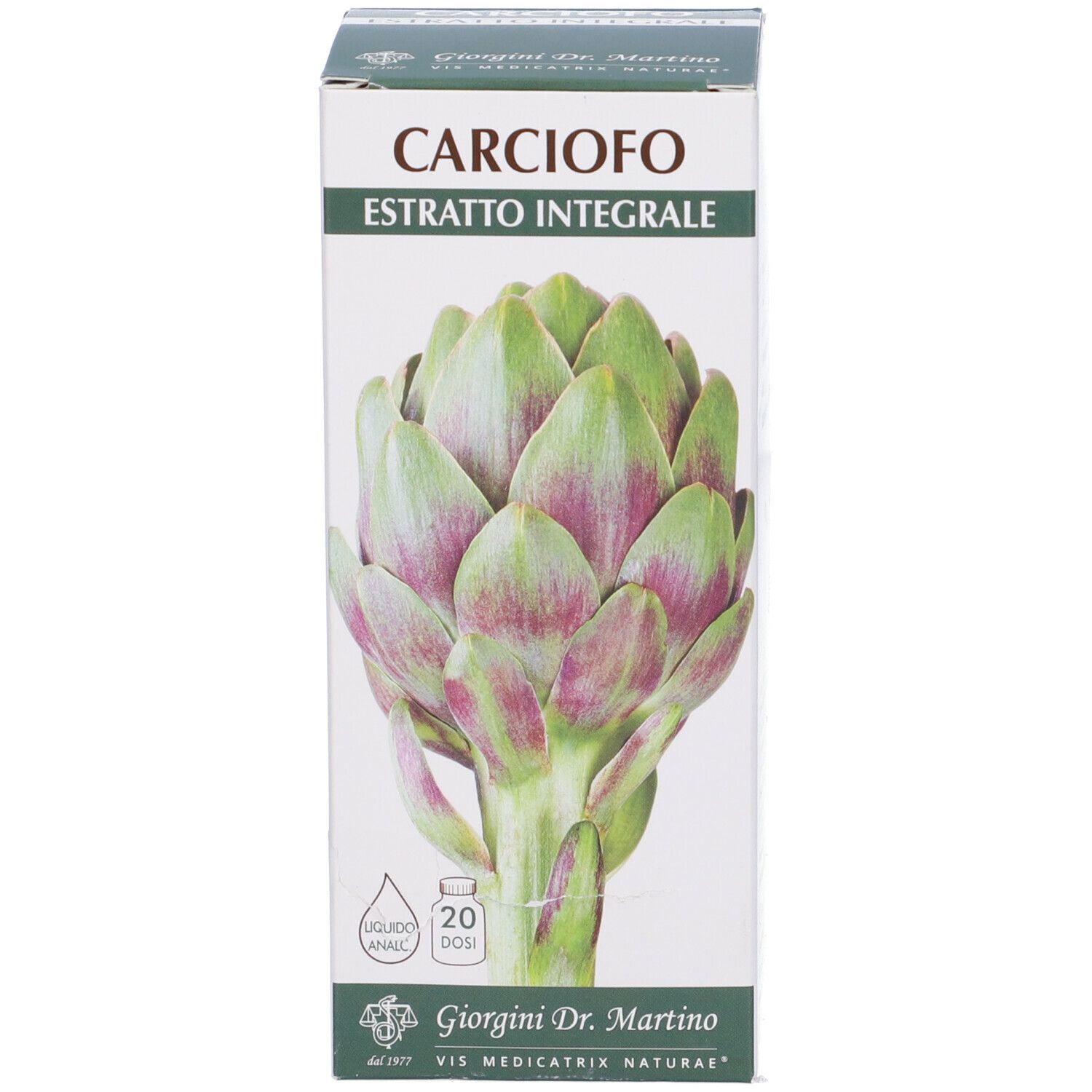 Boîte avec illustration d'artichauts. Inscription : CARCIOFO. Logo du fabricant et informations sur le produit.