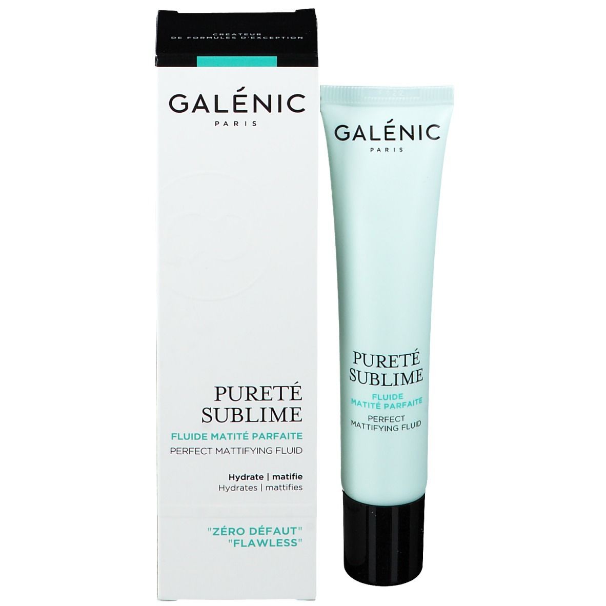 Produkt und Verpackung. Tube und Schachtel. Aufschrift: GALÉNIC, PURETÉ SUBLIME, FLUIDE MATITÉ PARFAITE. 'Zéro défaut'.