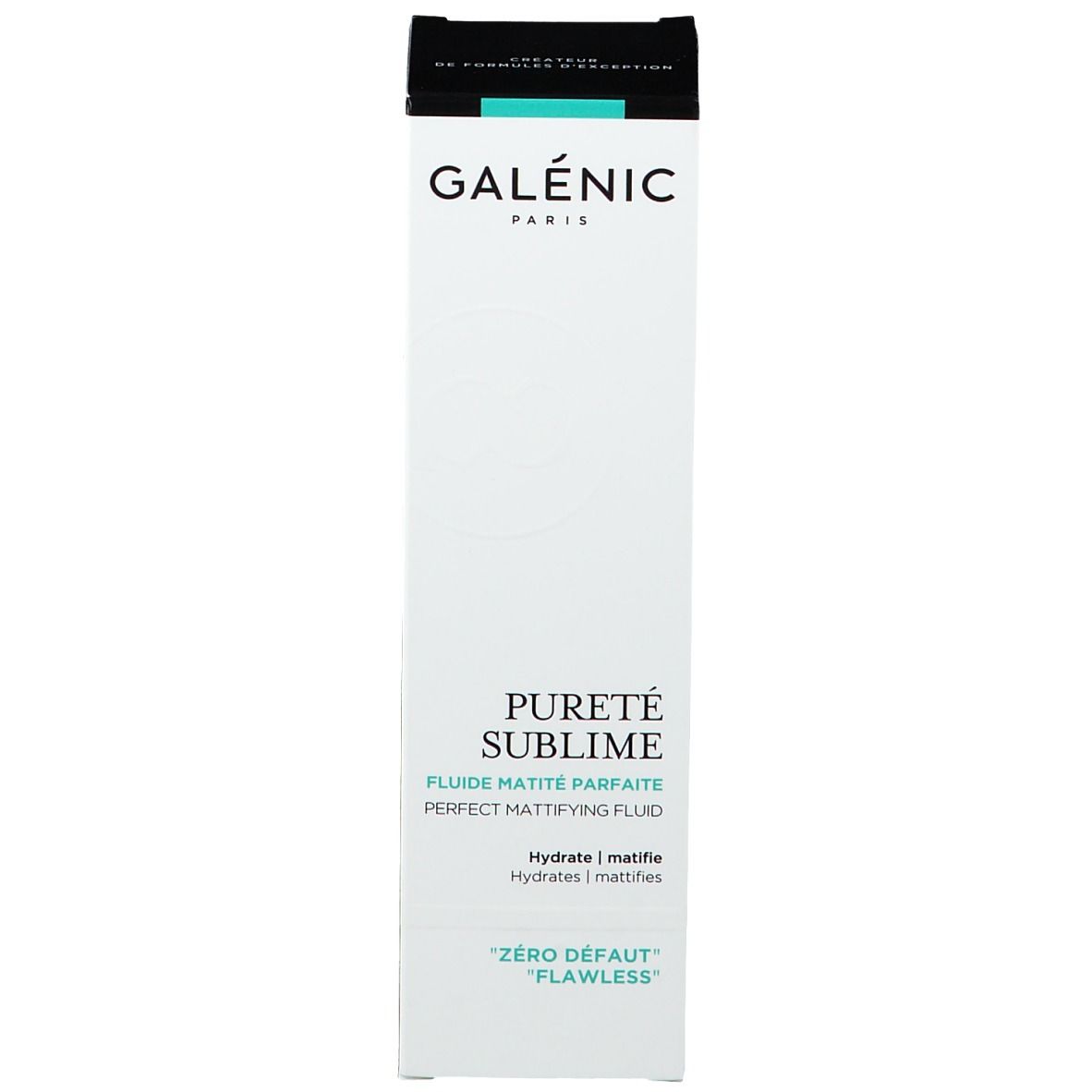 Verpackung. Aufschrift: GALÉNIC, PURETÉ SUBLIME, FLUIDE MATITÉ PARFAITE. 'Zéro défaut'.