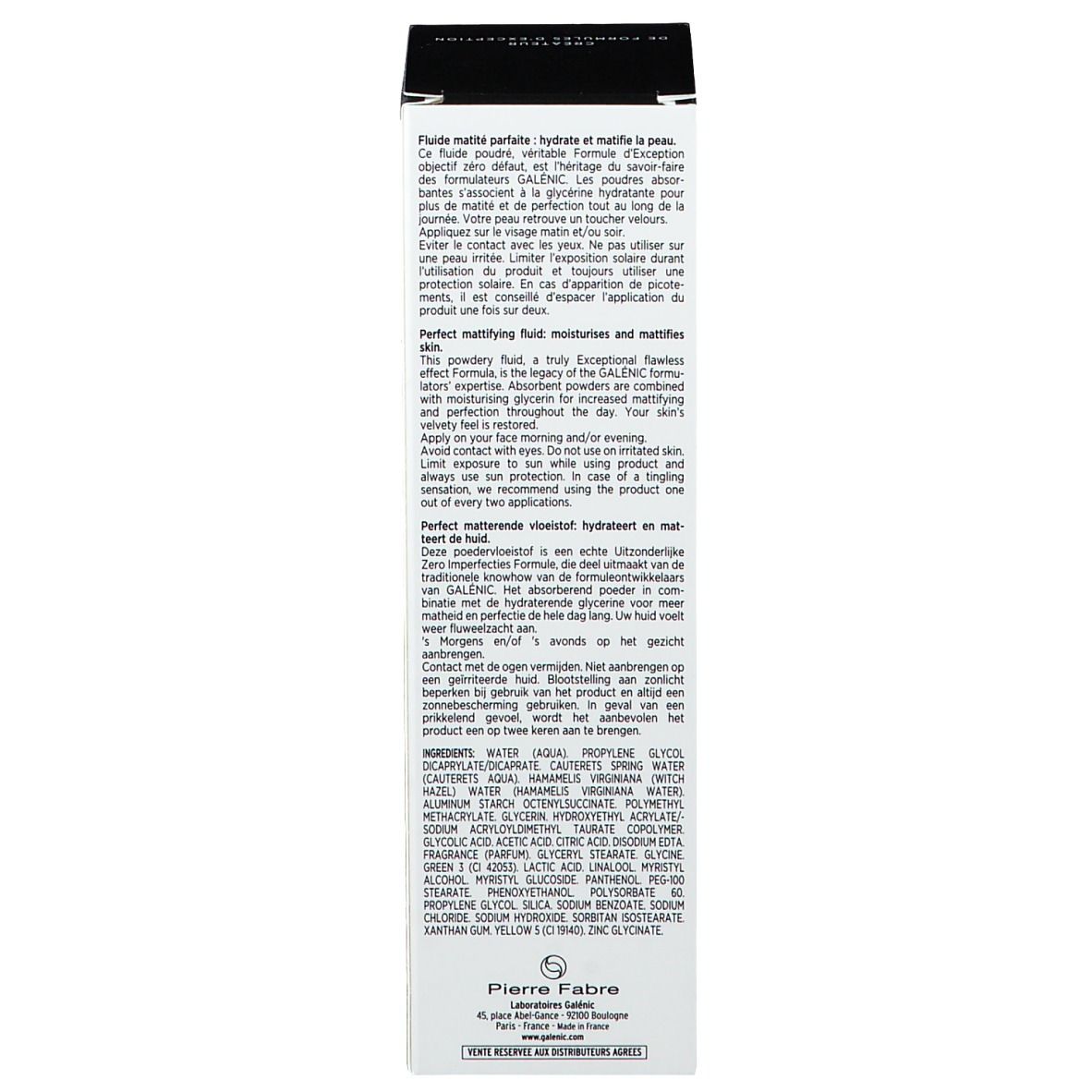 Verpackung, Seite. Text in mehreren Sprachen. Inhaltsstoffe und Herstellerinformationen.