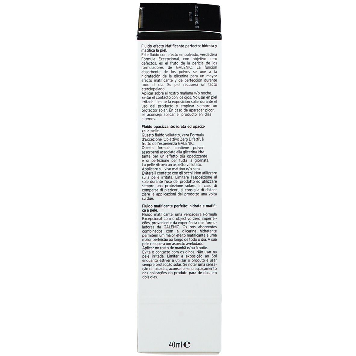 Verpackung, Seite. Text in mehreren Sprachen. Produktbeschreibung und Anwendungshinweise. Volumen: 40 ml.