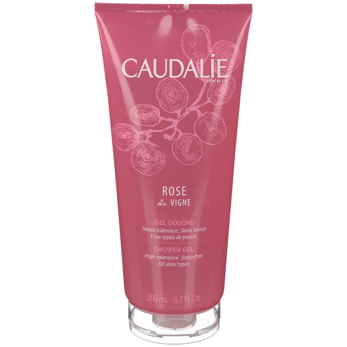 Rosa Duschgel-Tube mit weißem Verschluss. Schriftzug CAUDALIE und Rose de Vigne. 200 ml.