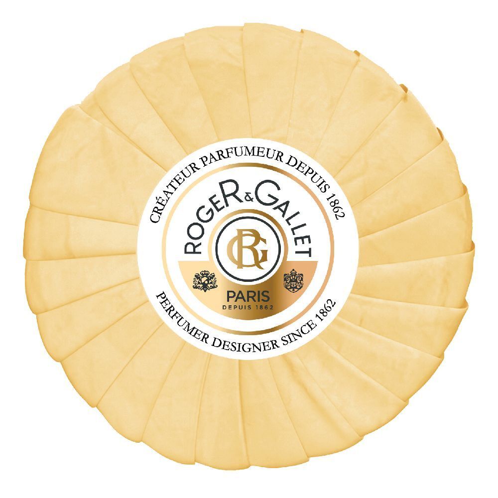Runde, gelbe Seife mit Papierverpackung. Logo: Roger & Gallet, Paris. Text: Parfumeur depuis 1862.