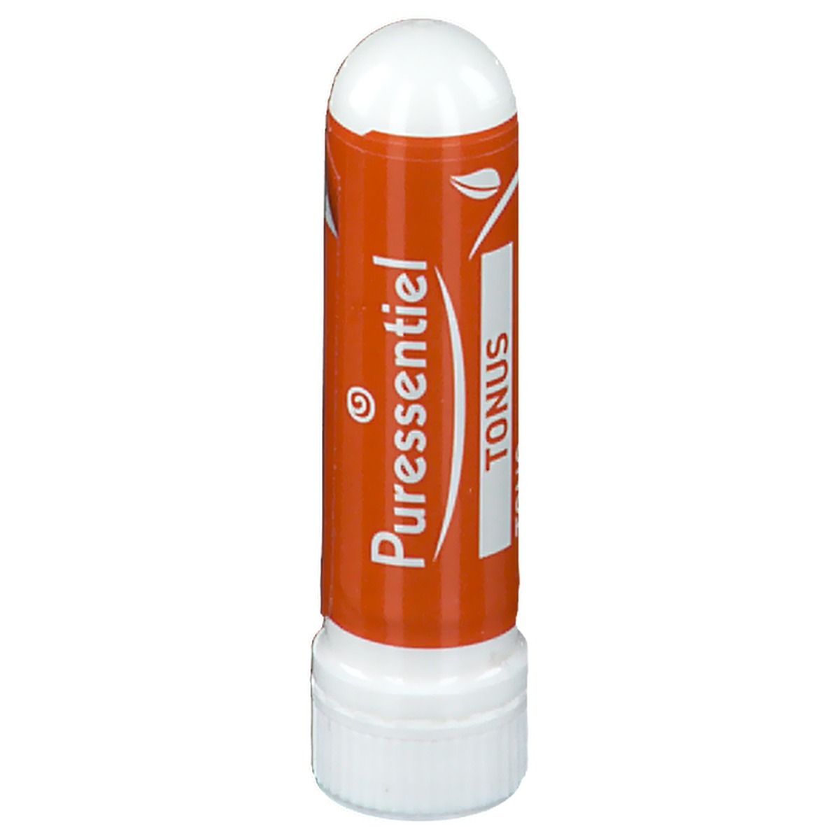 Inhalator mit weißer Kappe und orangefarbenem Körper. Aufschrift: Puressentiel, Tonus.