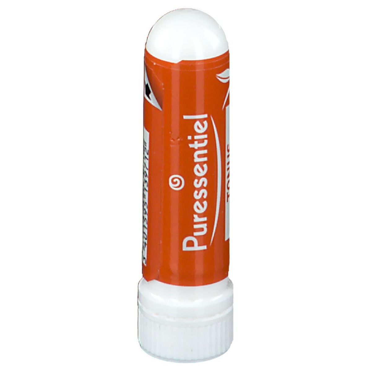 Inhalator mit weißer Kappe und orangefarbenem Körper. Aufschrift: Puressentiel, Tonus.