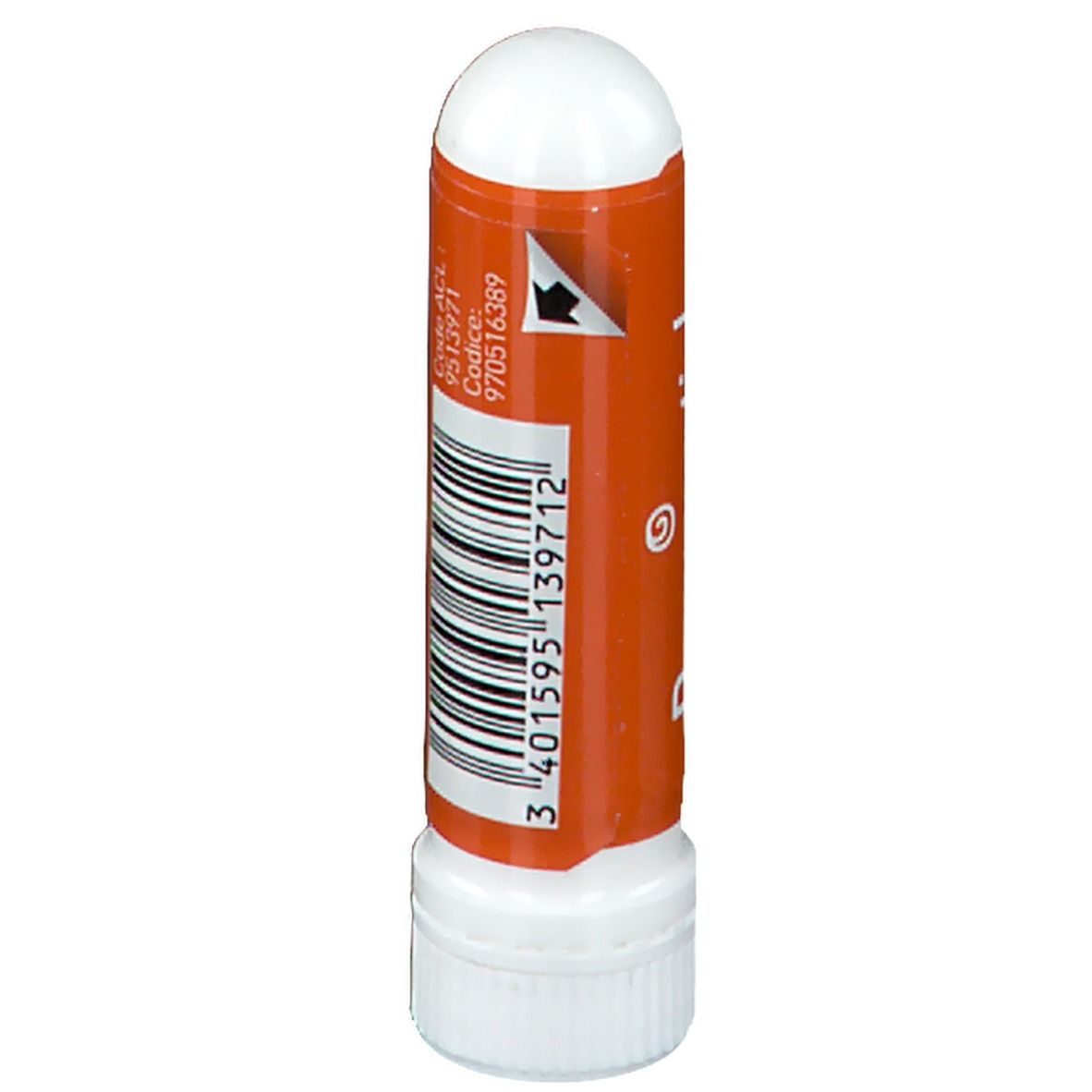 Inhalator mit weißer Kappe und orangefarbenem Körper. Aufschrift: Puressentiel, Barcode, Code ACL.