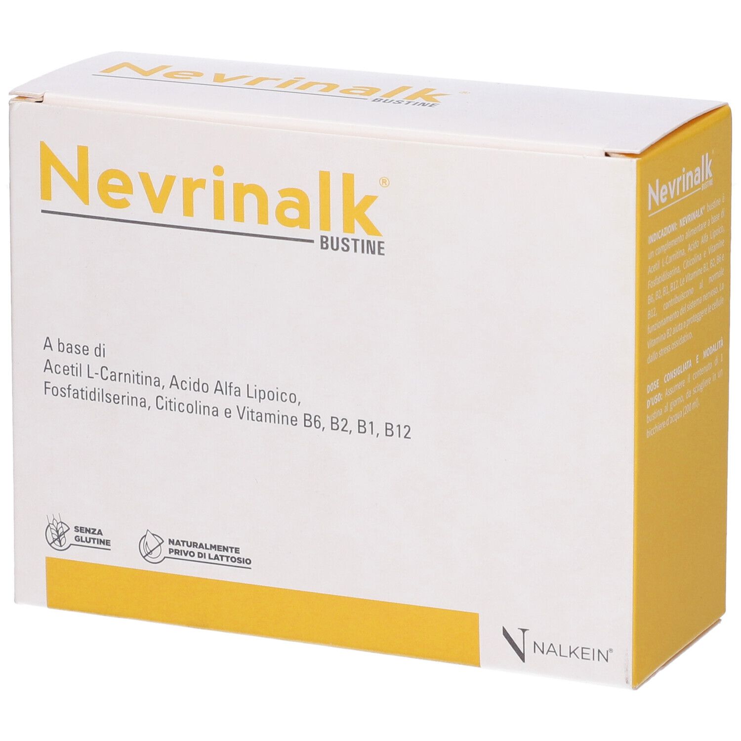 Boîte blanche et jaune. Inscription: Nevrinalk Bustine. Contient Acetyl L-Carnitine, acide alpha-lipoïque, vitamines.