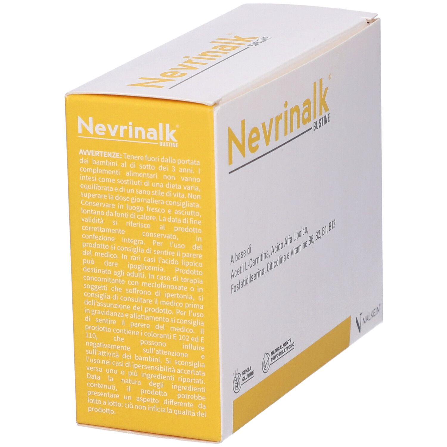 Boîte blanche et jaune avec texte. Inscription: Nevrinalk Bustine. Contient Acetyl L-Carnitine, acide alpha-lipoïque, vitamines.