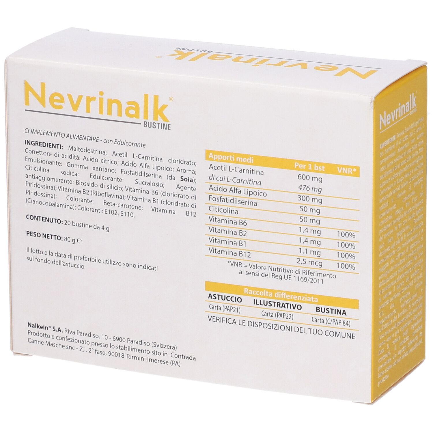 Boîte blanche et jaune. Inscription: Nevrinalk Bustine. Contient Maltodextrine, Acetyl L-Carnitine, vitamines B2, B6, B12.
