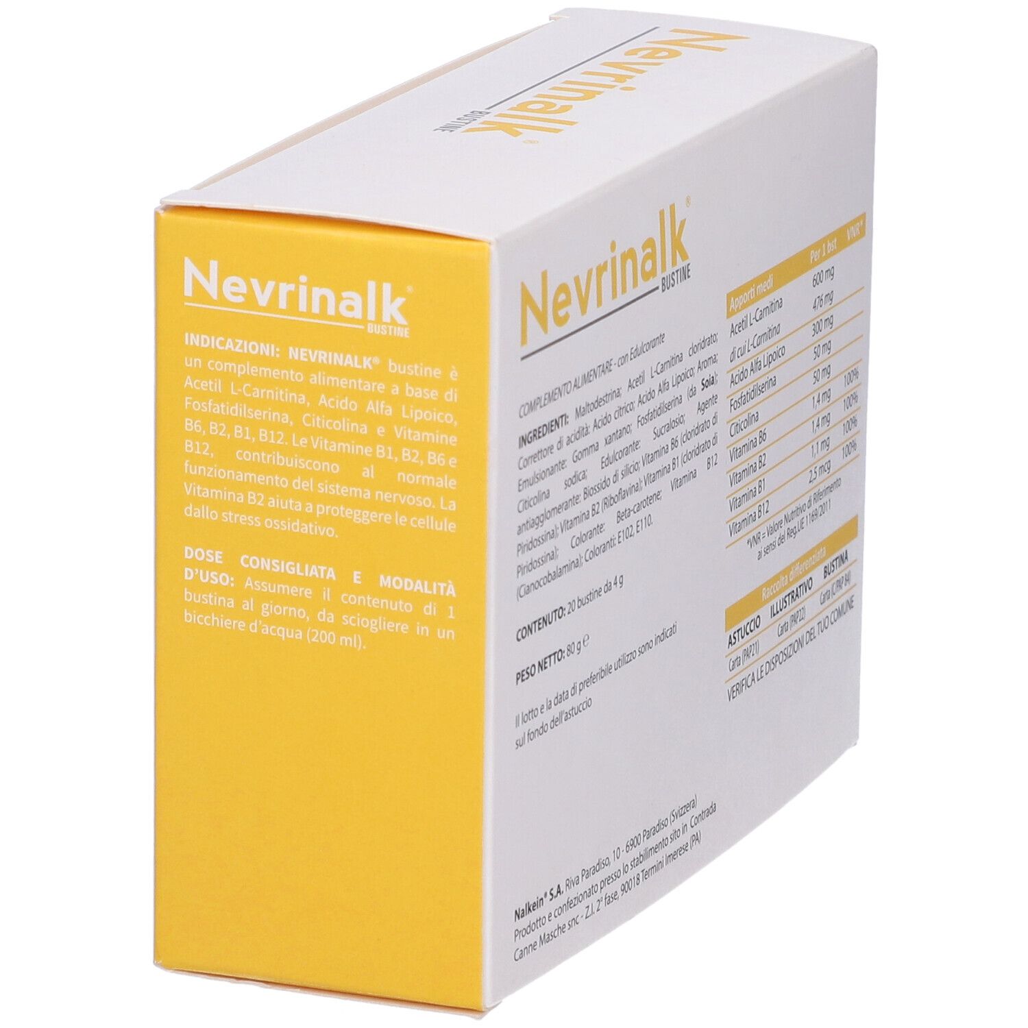 Boîte blanche et jaune. Inscription: Nevrinalk Bustine. Contient Acetyl L-Carnitine, acide alpha-lipoïque, vitamines B6, B12.