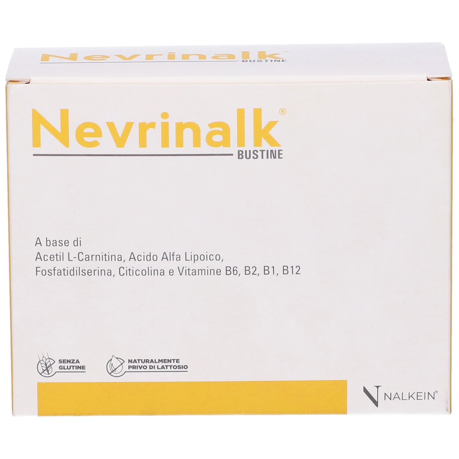 Boîte blanche et jaune. Inscription: Nevrinalk Bustine. Contient Acetyl L-Carnitine, acide alpha-lipoïque, vitamines.