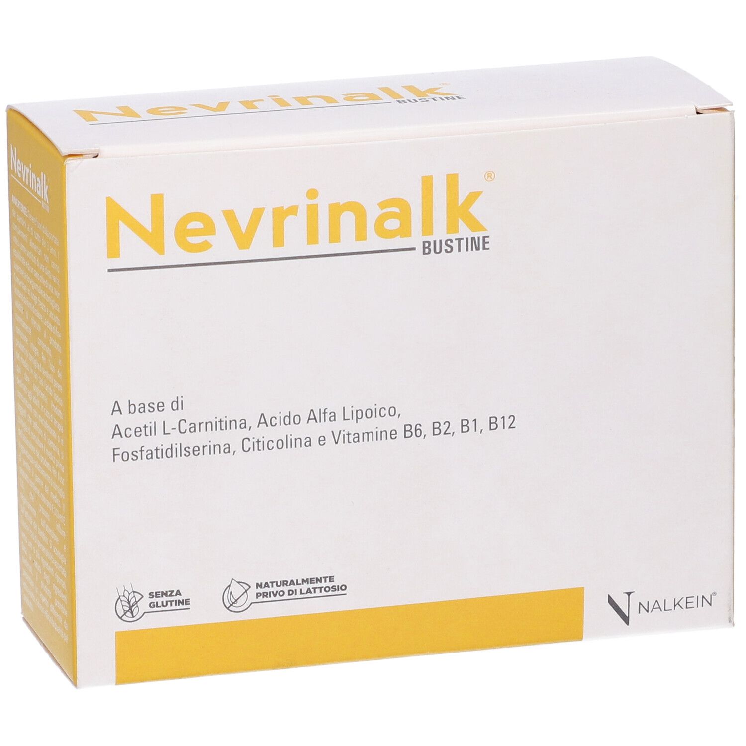 Boîte blanche et jaune. Inscription: Nevrinalk Bustine. Contient Acetyl L-Carnitine, acide alpha-lipoïque, vitamines.