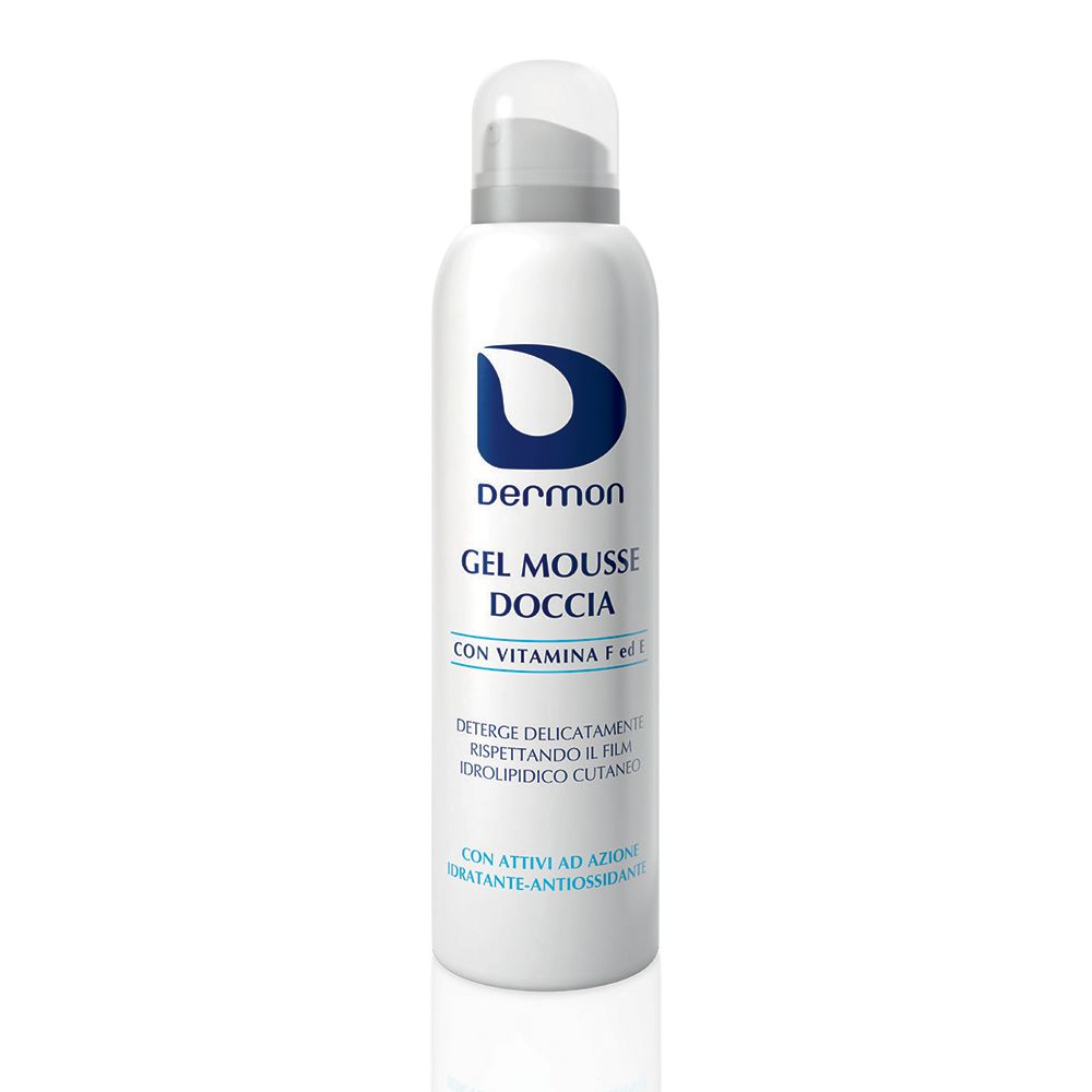 Flacon blanc avec logo bleu et texte. Nom du produit: Gel Mousse Doccia. Contient de la vitamine F et E. Testé dermatologiquement.