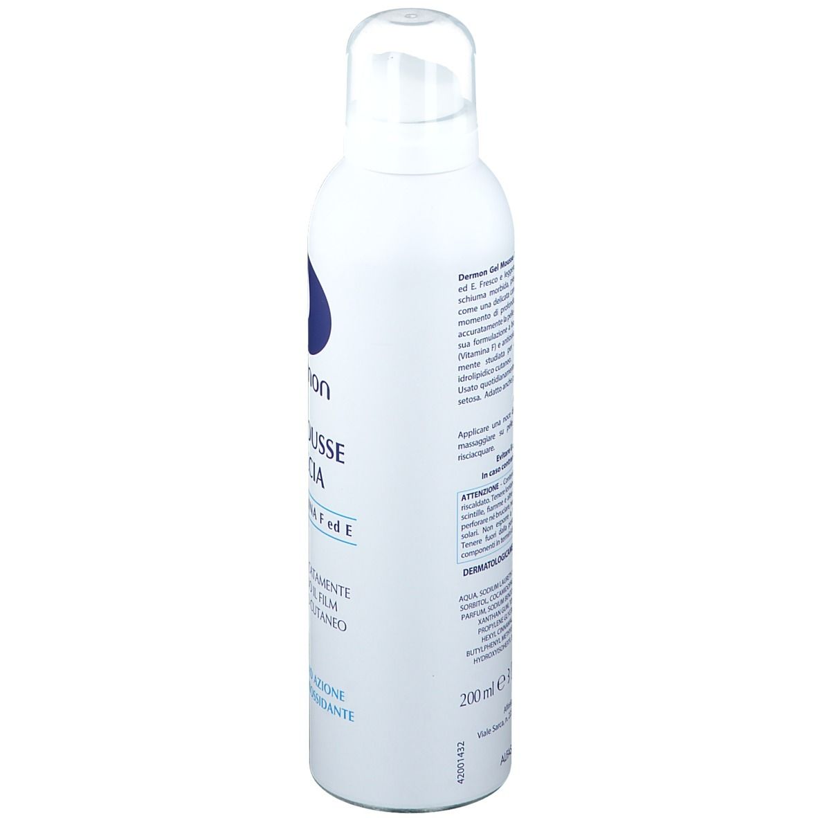 Flacon blanc avec logo bleu et texte. Nom du produit: Gel Mousse Doccia. Contient de la vitamine F et E. Testé dermatologiquement.