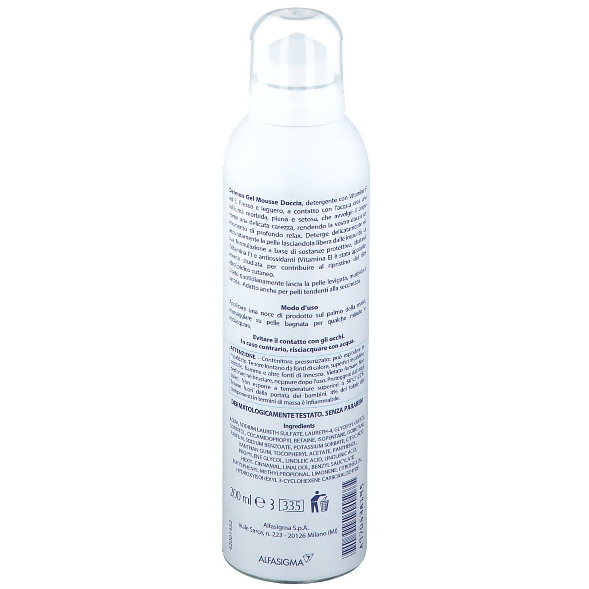Flacon blanc avec logo bleu et texte. Nom du produit: Gel Mousse Doccia. Contient de la vitamine F et E. Testé dermatologiquement. Dos.