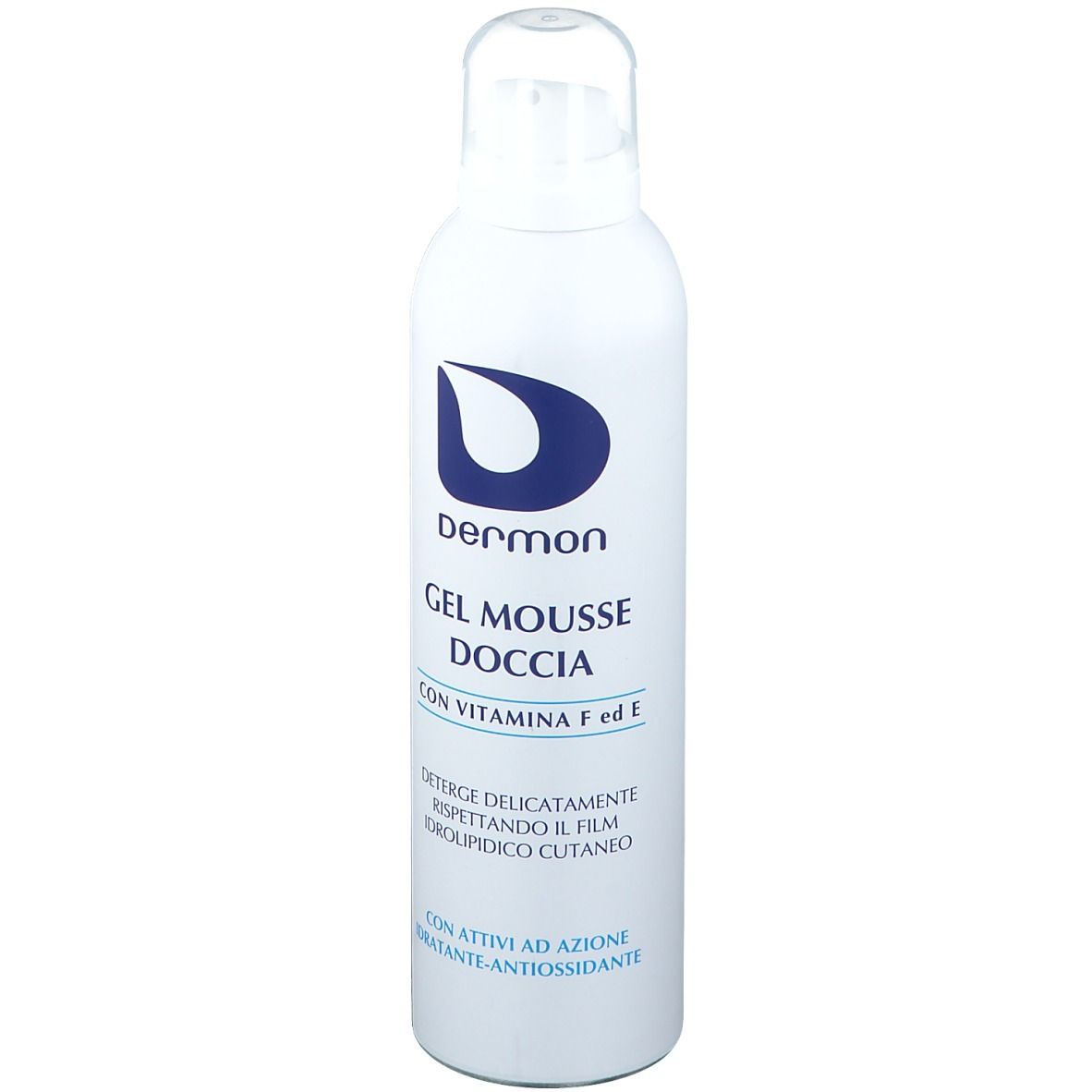 Flacon blanc avec logo bleu et texte. Nom du produit: Gel Mousse Doccia. Contient de la vitamine F et E. Testé dermatologiquement.