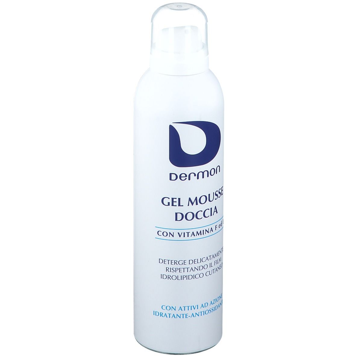 Flacon blanc avec logo bleu et texte. Nom du produit: Gel Mousse Doccia. Contient de la vitamine F et E. Testé dermatologiquement.