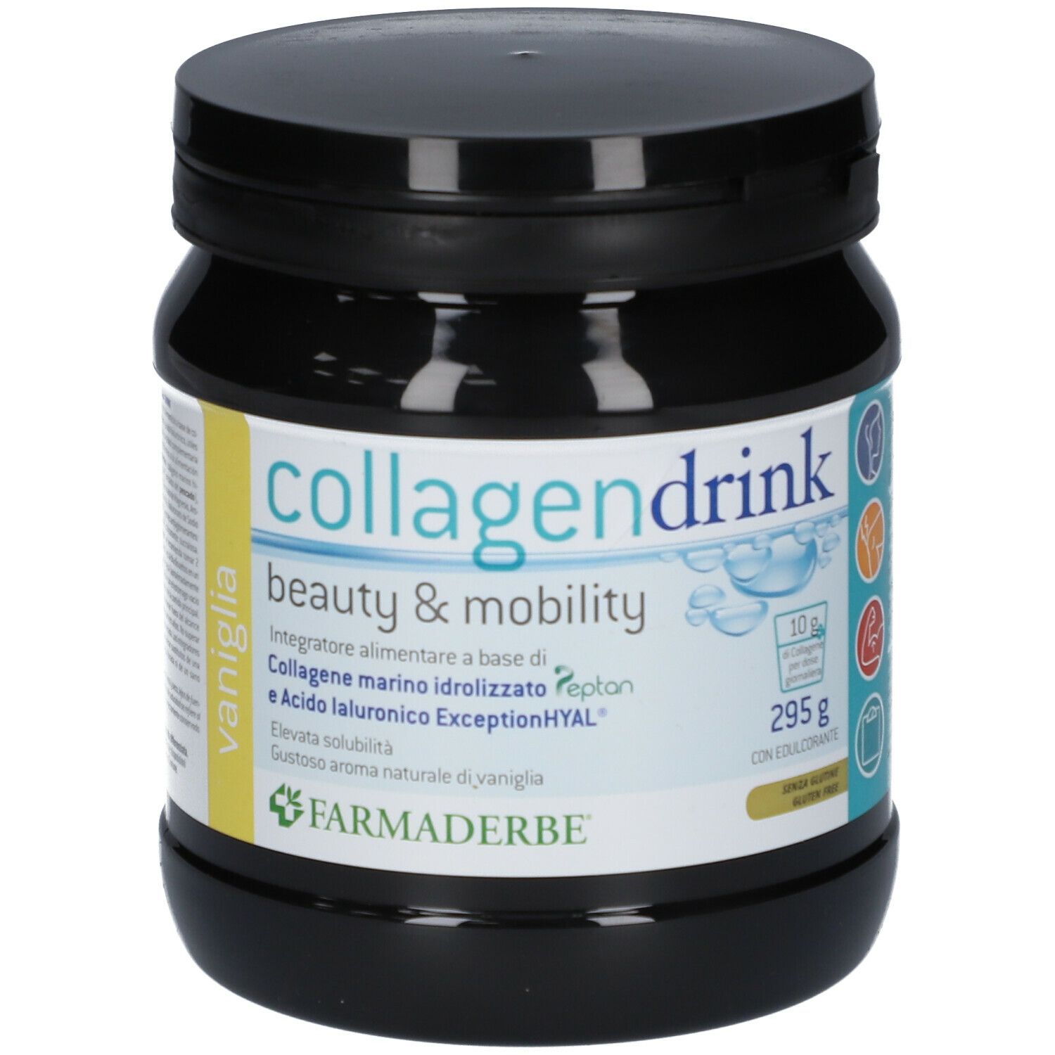 Schwarze Dose mit "collagendrink beauty & mobility". Vanille-Geschmack. Marke FARMADERBE.