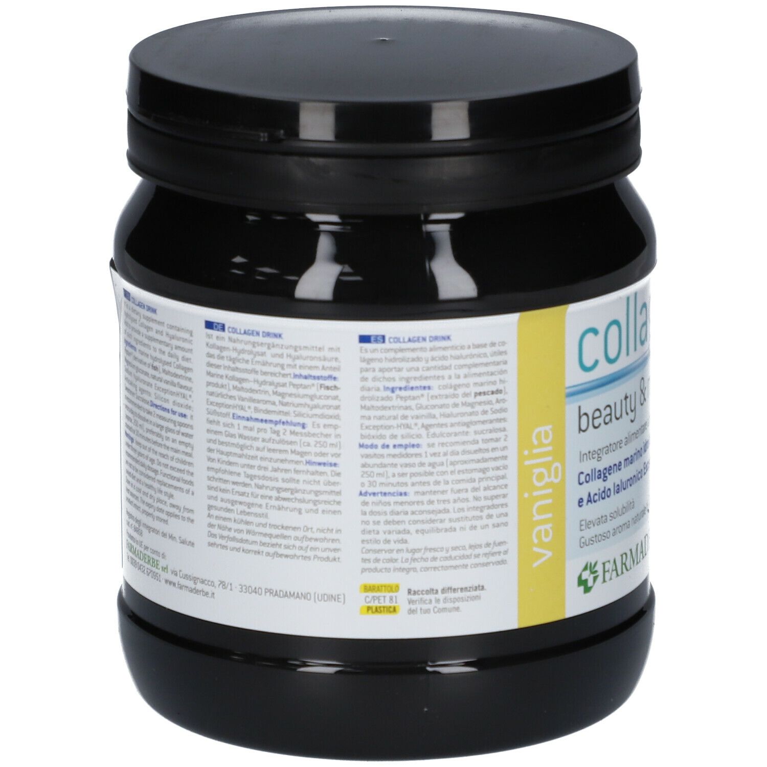 Schwarze Dose mit Text. Rückseite mit Inhaltsangaben und Text in mehreren Sprachen.