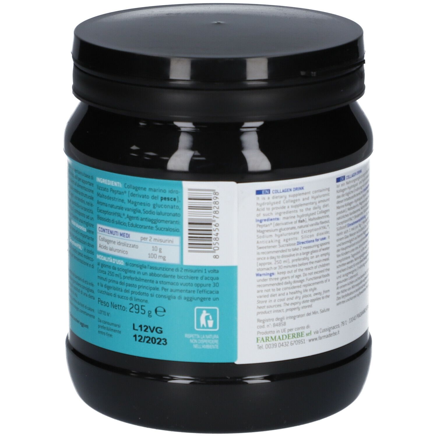 Schwarze Dose mit Text. Rückseite mit Inhaltsangaben und Text in mehreren Sprachen.