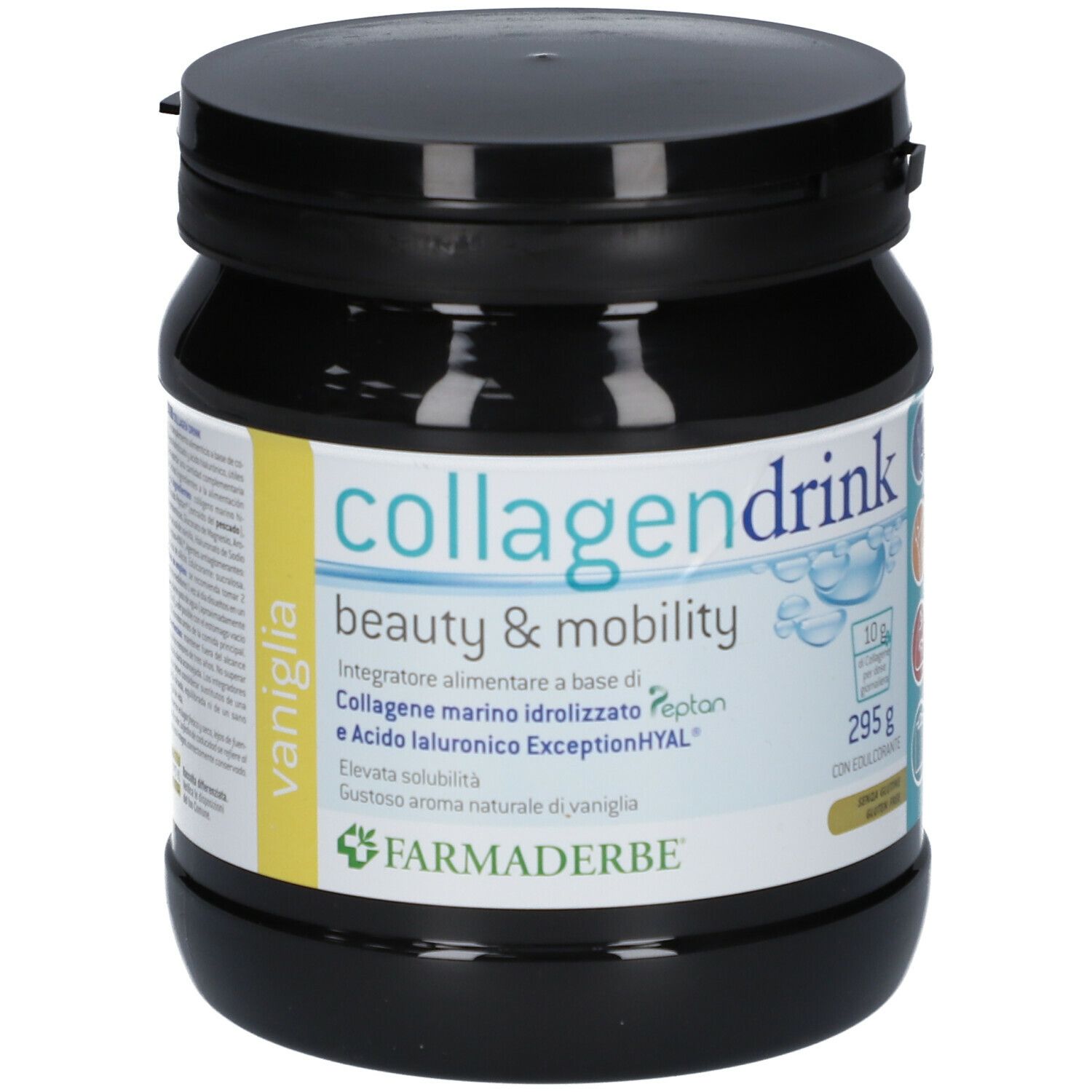 Schwarze Dose mit "collagendrink beauty & mobility"-Aufdruck. Vanille-Geschmack. Marke FARMADERBE.