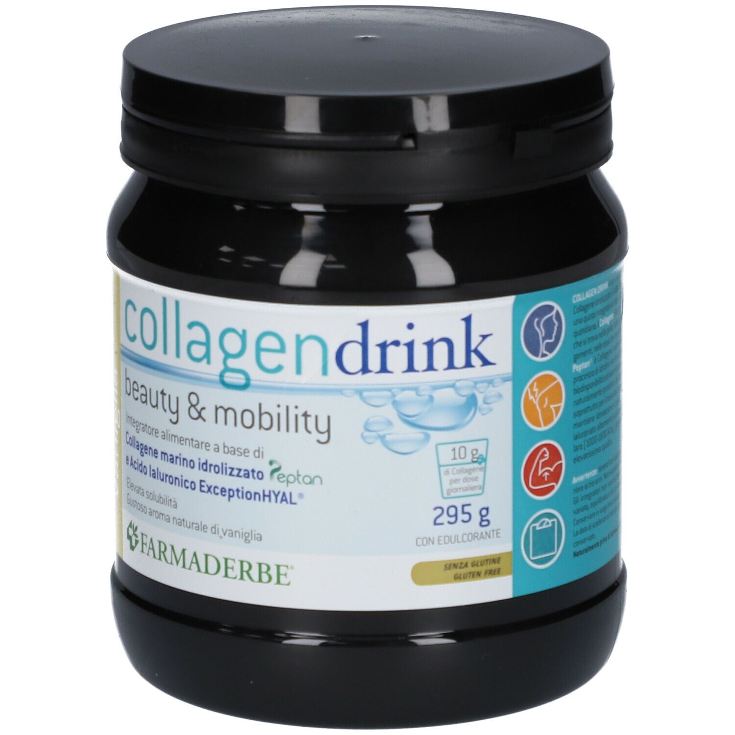 Schwarze Dose mit "collagendrink beauty & mobility"-Aufdruck. Vanille-Geschmack. Marke FARMADERBE.