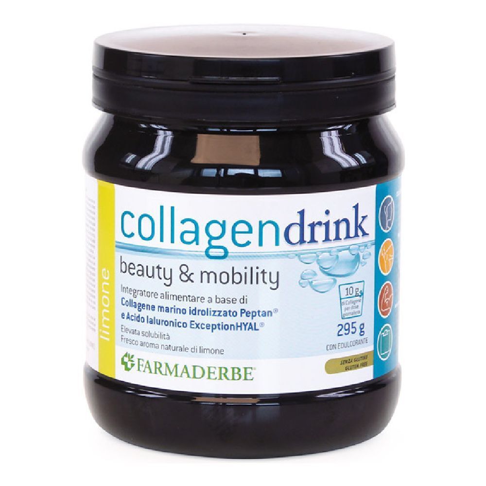 Pot noir "collagendrink beauty & mobility". Goût citron. 295g. Marque: Farmaderbe.