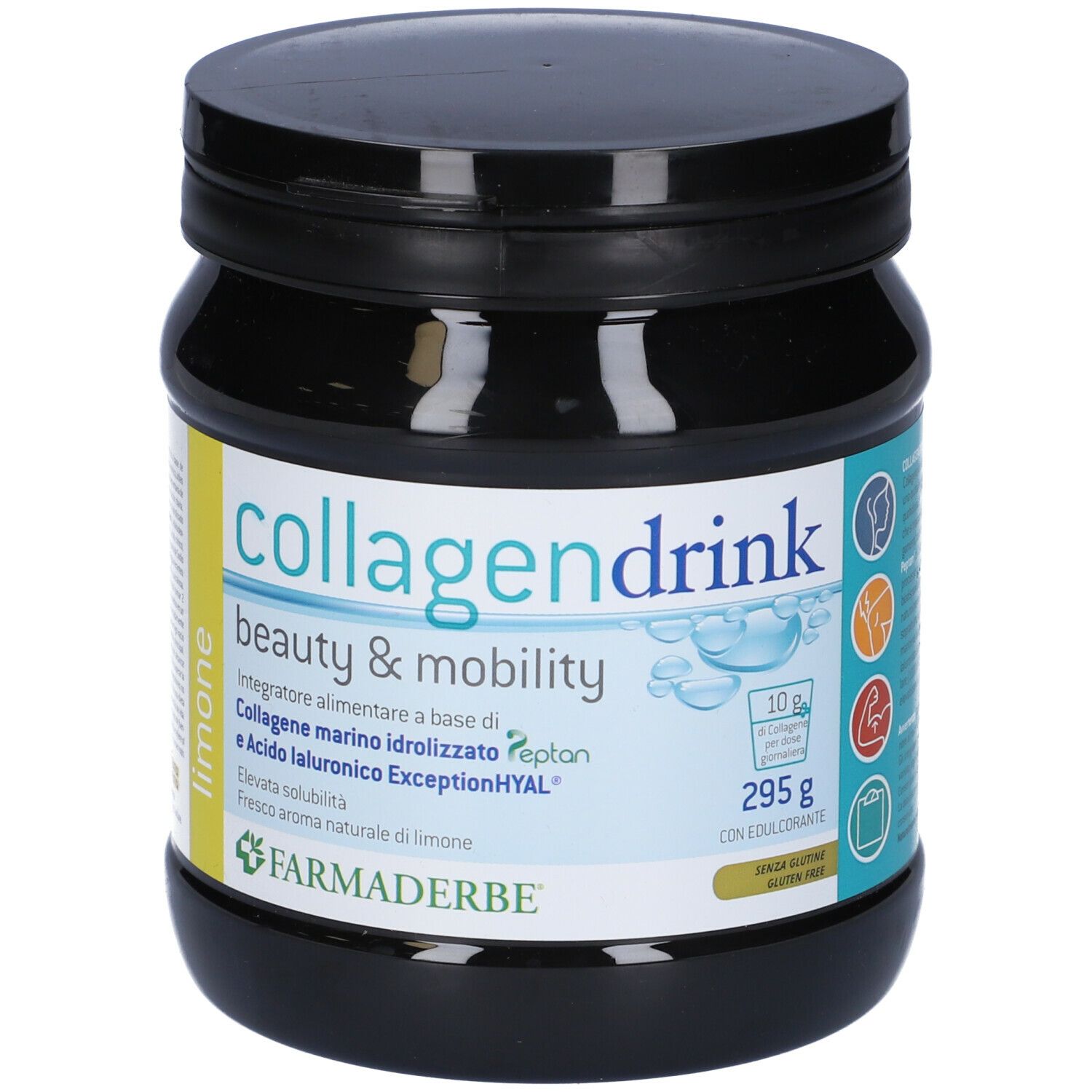 Pot noir "collagendrink beauty & mobility". Goût citron. 295g. Marque: Farmaderbe.