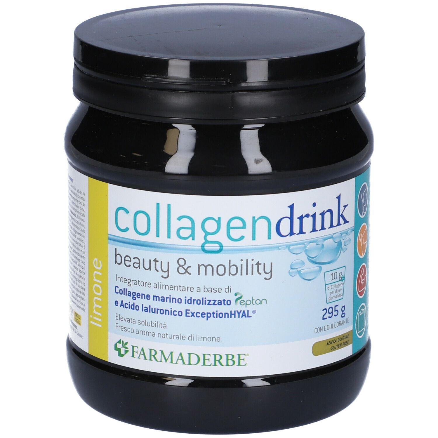 Pot noir "collagendrink beauty & mobility". Goût citron. 295g. Marque: Farmaderbe.
