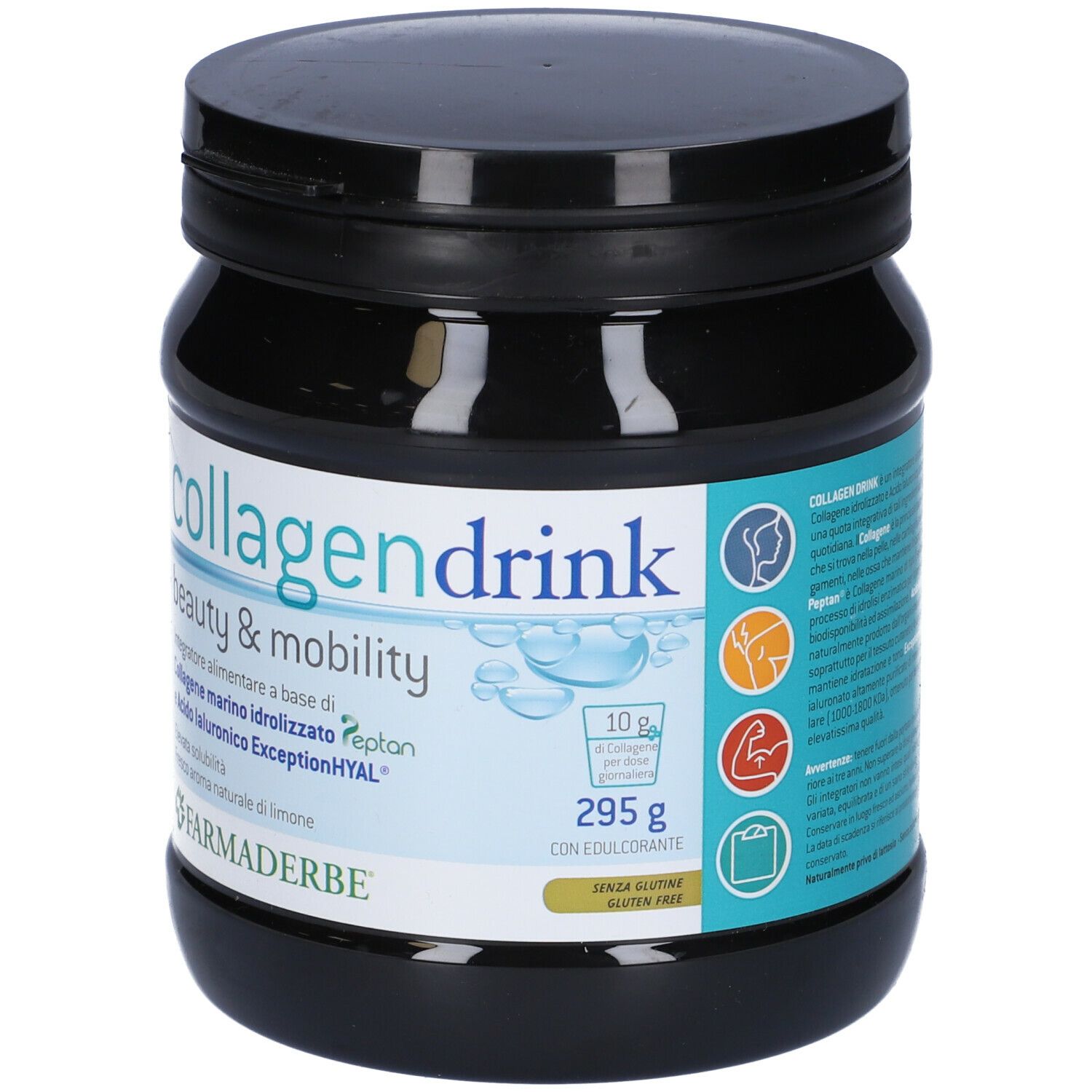 Pot noir "collagendrink beauty & mobility". Goût citron. 295g. Marque: Farmaderbe.