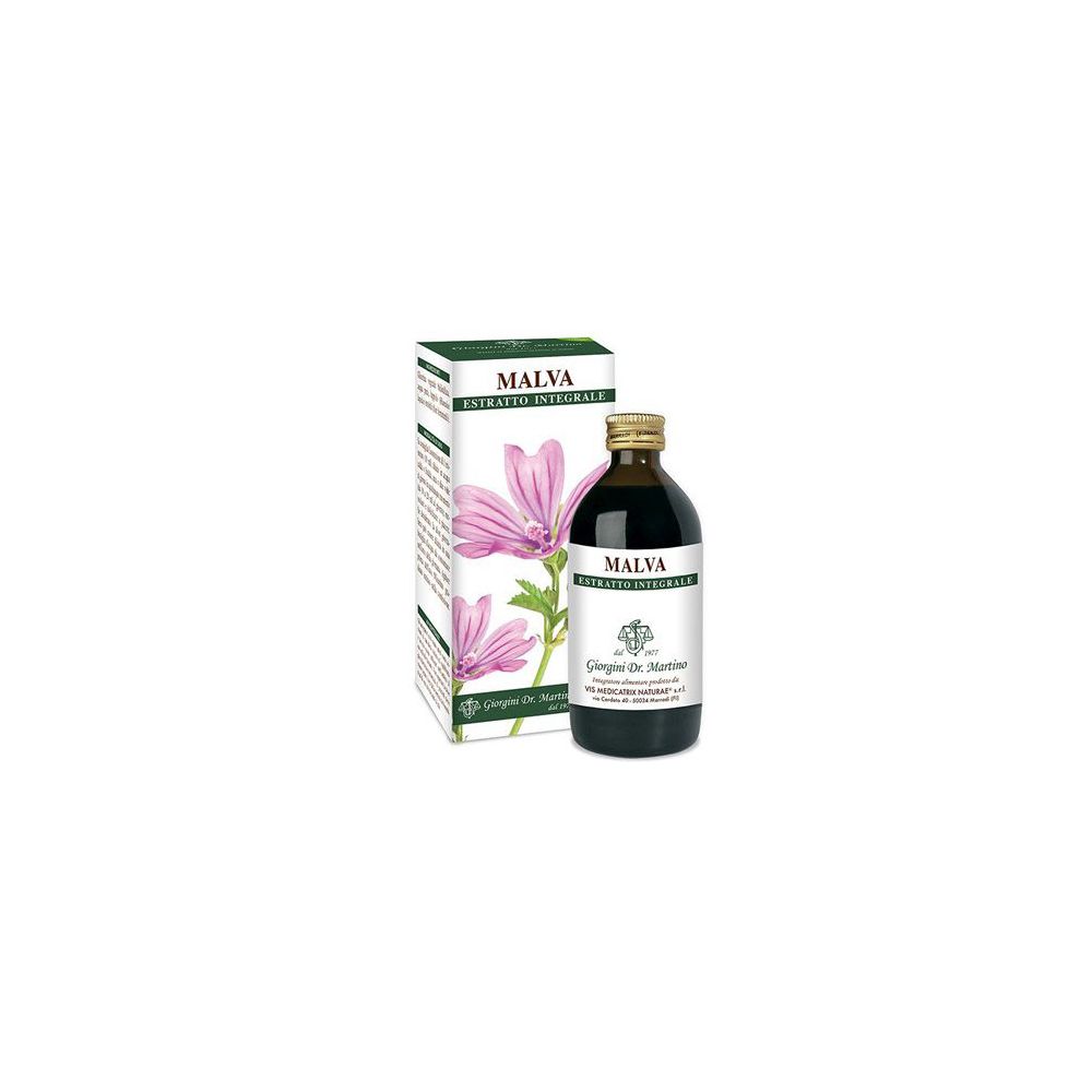 Braune Glasflasche und Karton. Aufschrift: MALVA, Extrakt. Abbildung einer Malvenblüte. Hersteller: Giorgini Dr. Martino.