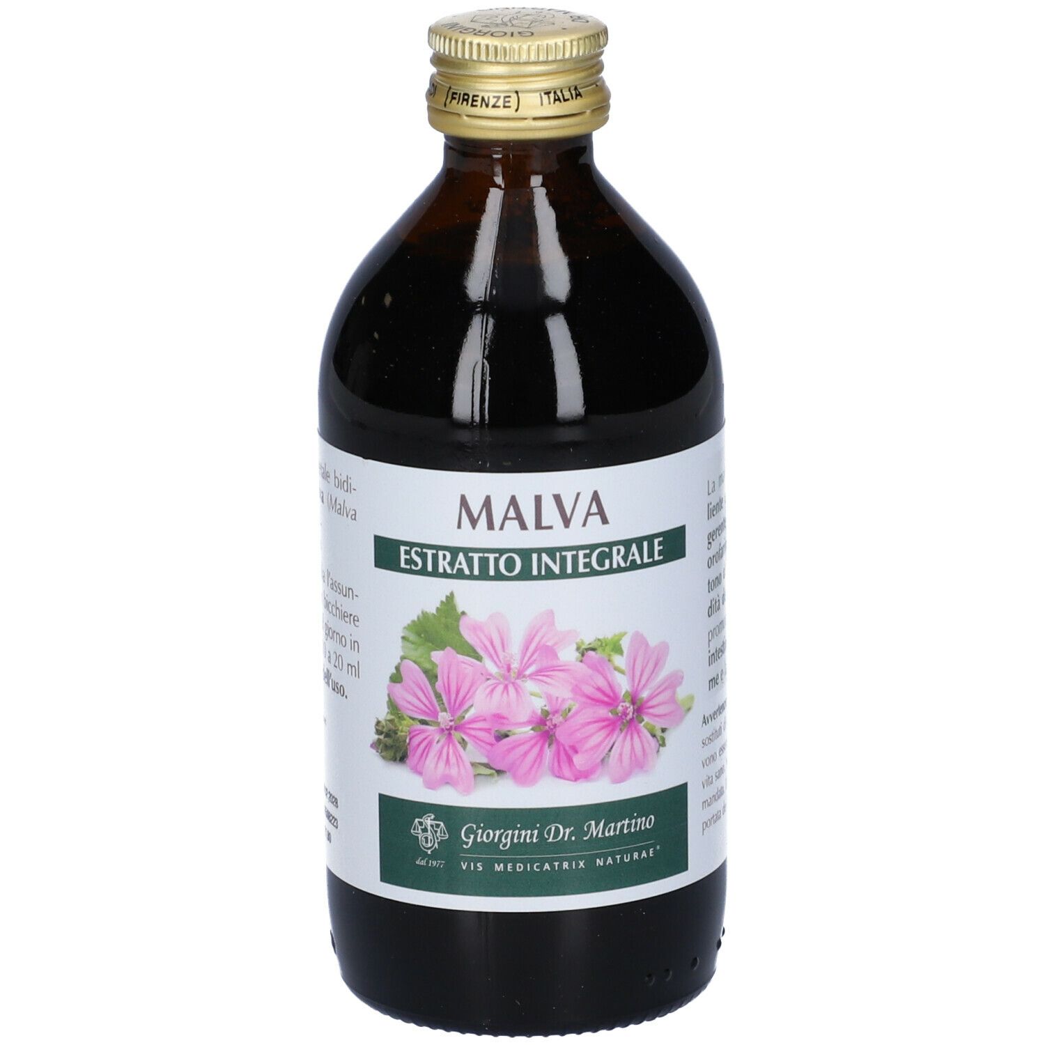 Braune Glasflasche mit goldfarbenem Verschluss. Aufschrift: MALVA, Extrakt. Etikett mit Malvenblüten. Hersteller: Giorgini Dr. Martino.