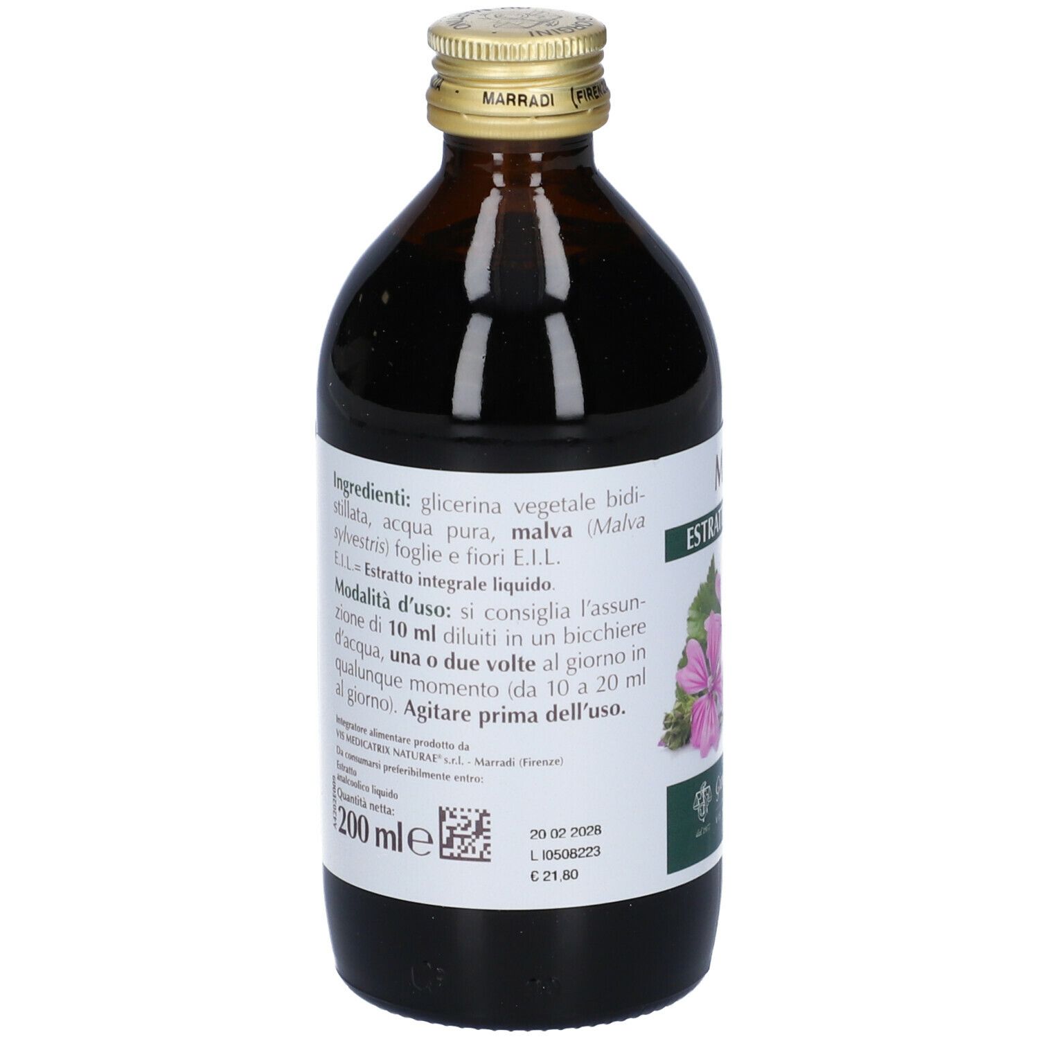 Braune Glasflasche. Etikett mit Inhaltsstoffen und Anwendungshinweisen. Aufschrift: MALVA, Extrakt. Hersteller: Giorgini Dr. Martino.