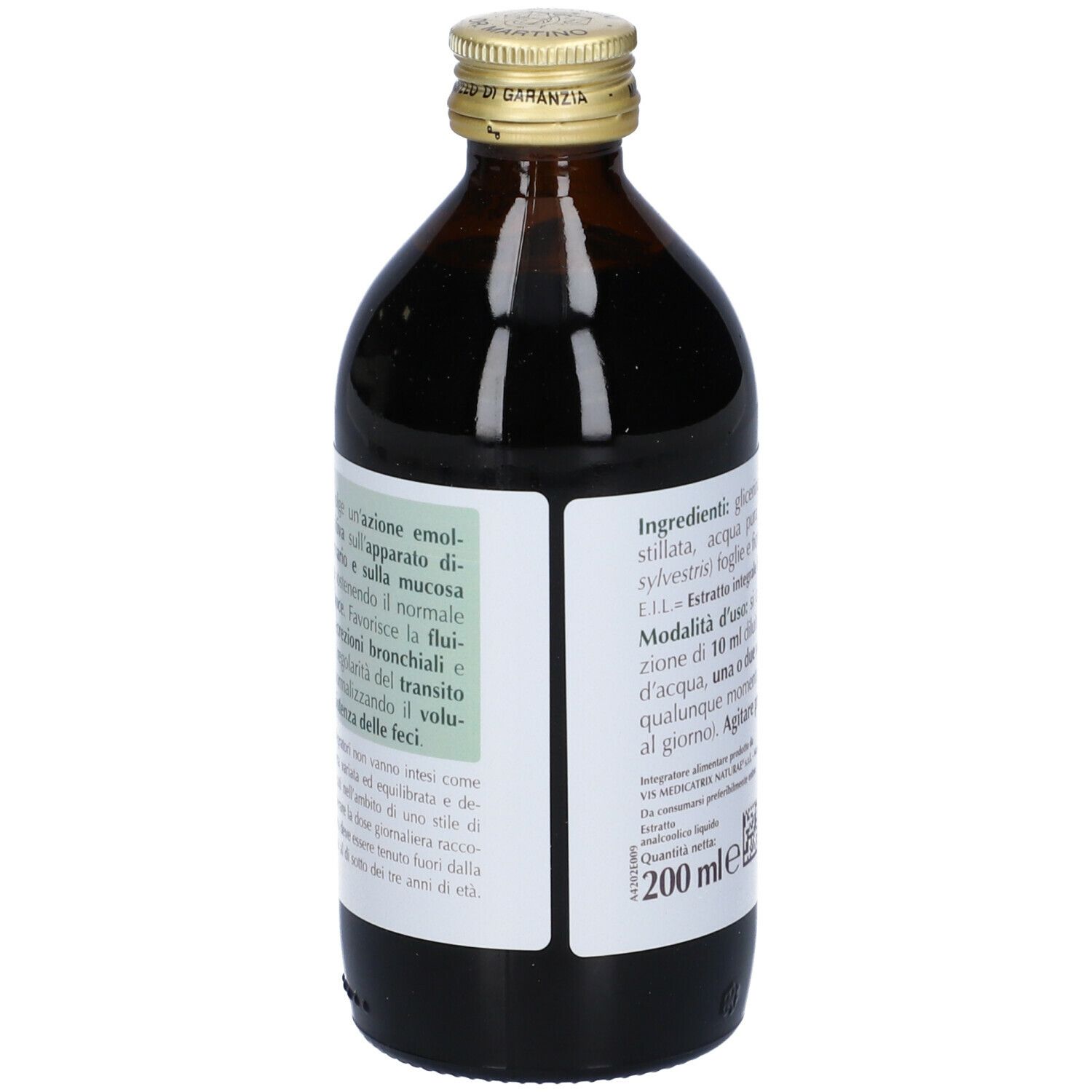 Braune Glasflasche. Etikett mit Inhaltsstoffen und Anwendungshinweisen. Aufschrift: MALVA, Extrakt. Hersteller: Giorgini Dr. Martino.