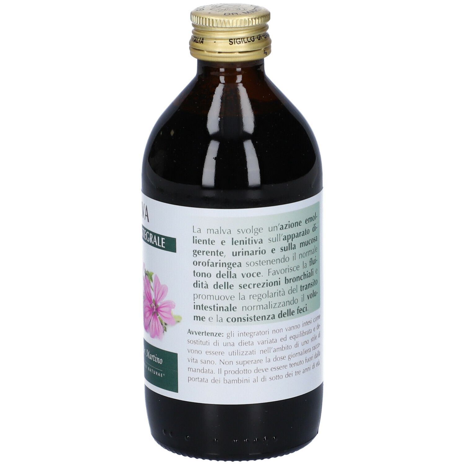 Braune Glasflasche. Etikett mit Produktinformationen. Aufschrift: MALVA, Extrakt. Hersteller: Giorgini Dr. Martino. 200 ml.