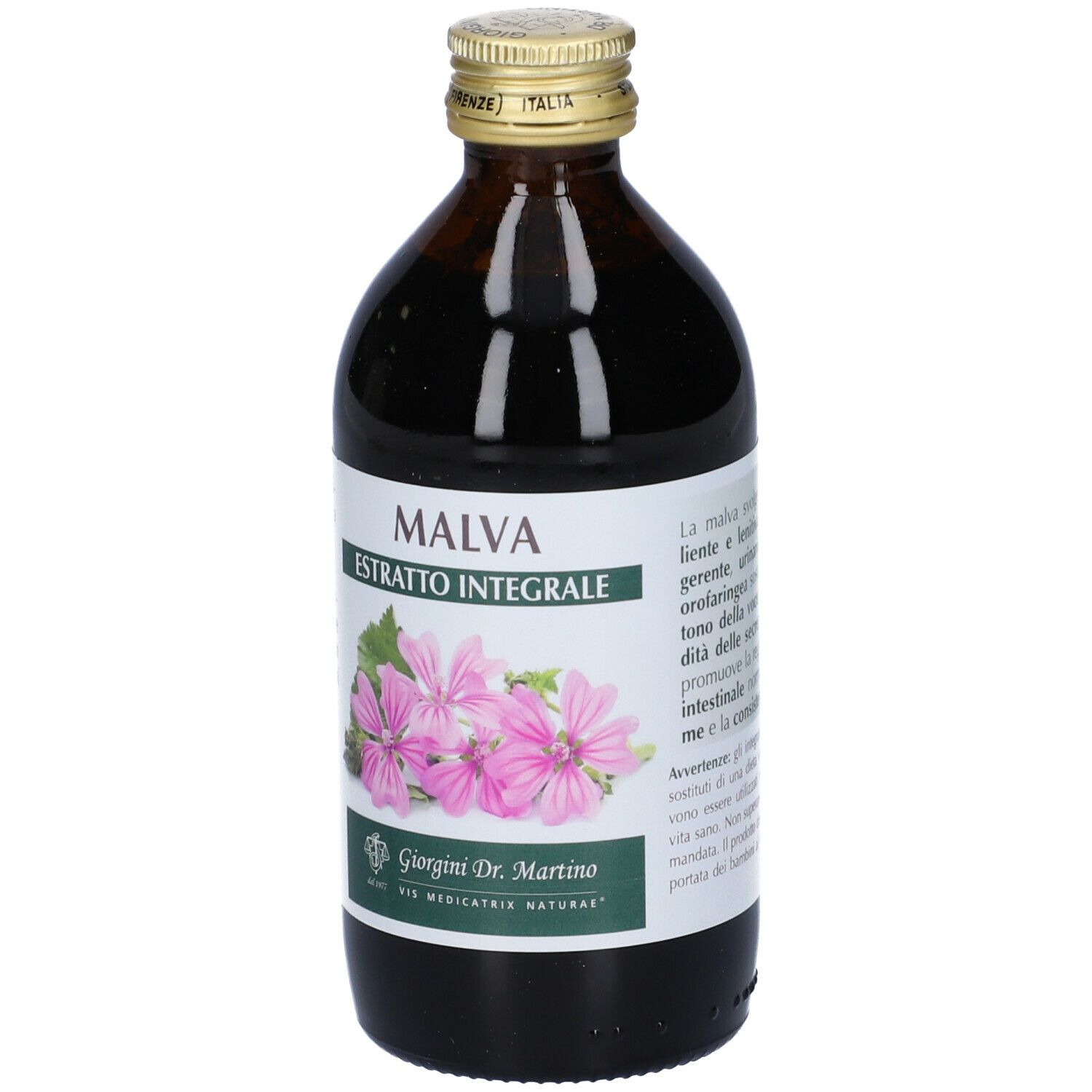 Braune Glasflasche. Etikett mit Produktinformationen. Aufschrift: MALVA, Extrakt. Hersteller: Giorgini Dr. Martino. 200 ml.