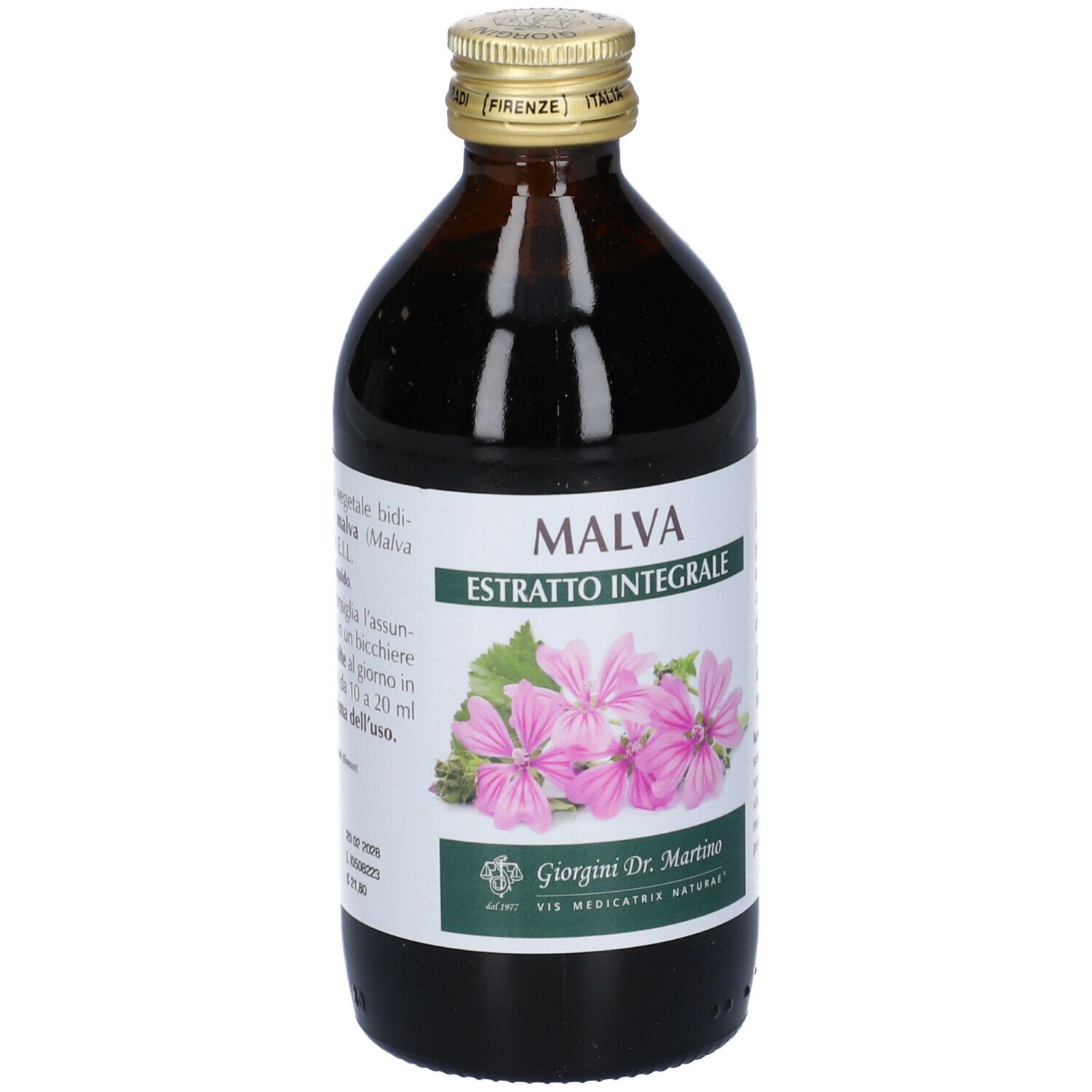 Braune Glasflasche. Aufschrift: MALVA, Extrakt. Etikett mit Malvenblüten. Hersteller: Giorgini Dr. Martino.
