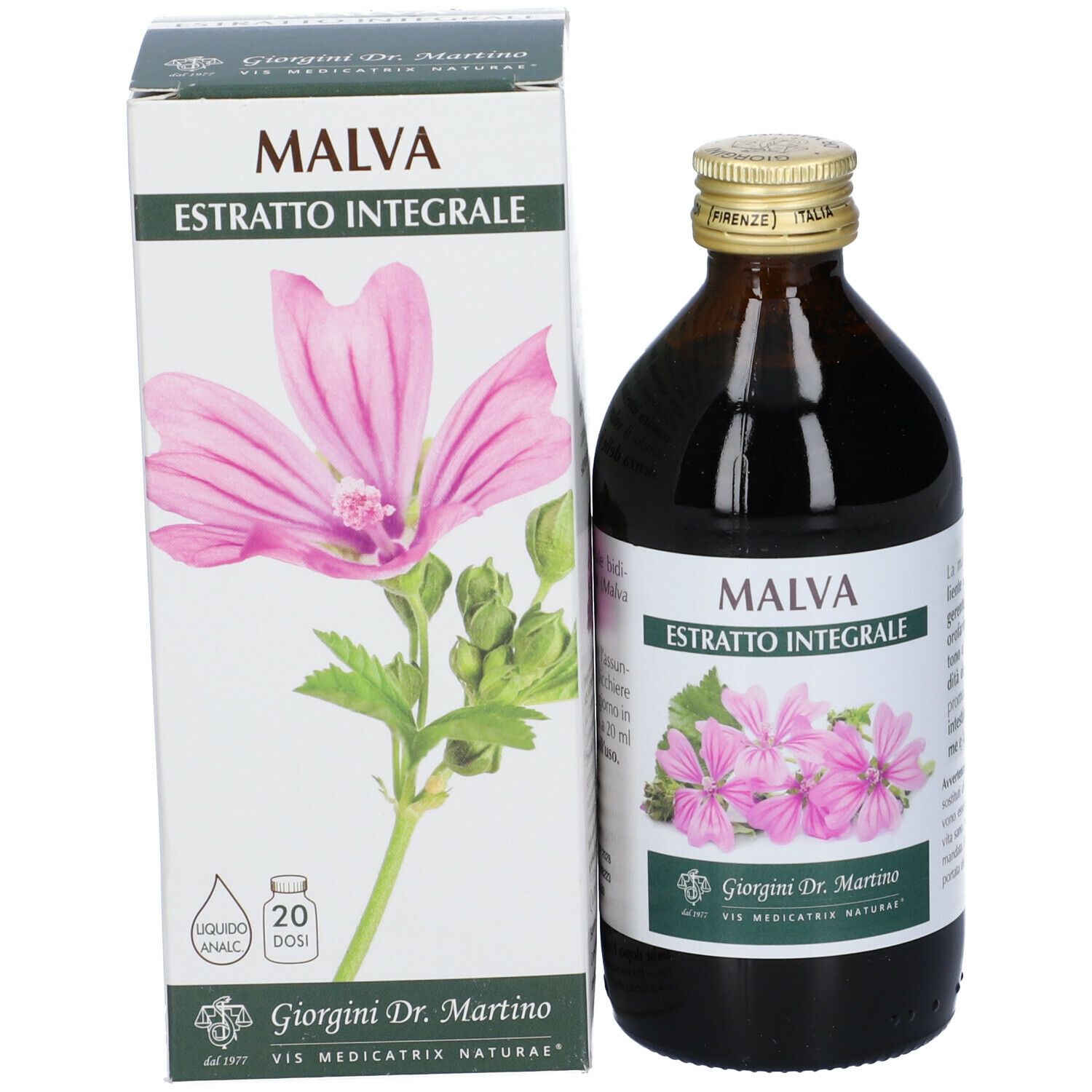 Braune Glasflasche und Karton. Aufschrift: MALVA, Extrakt. Abbildung einer Malvenblüte. Hersteller: Giorgini Dr. Martino.