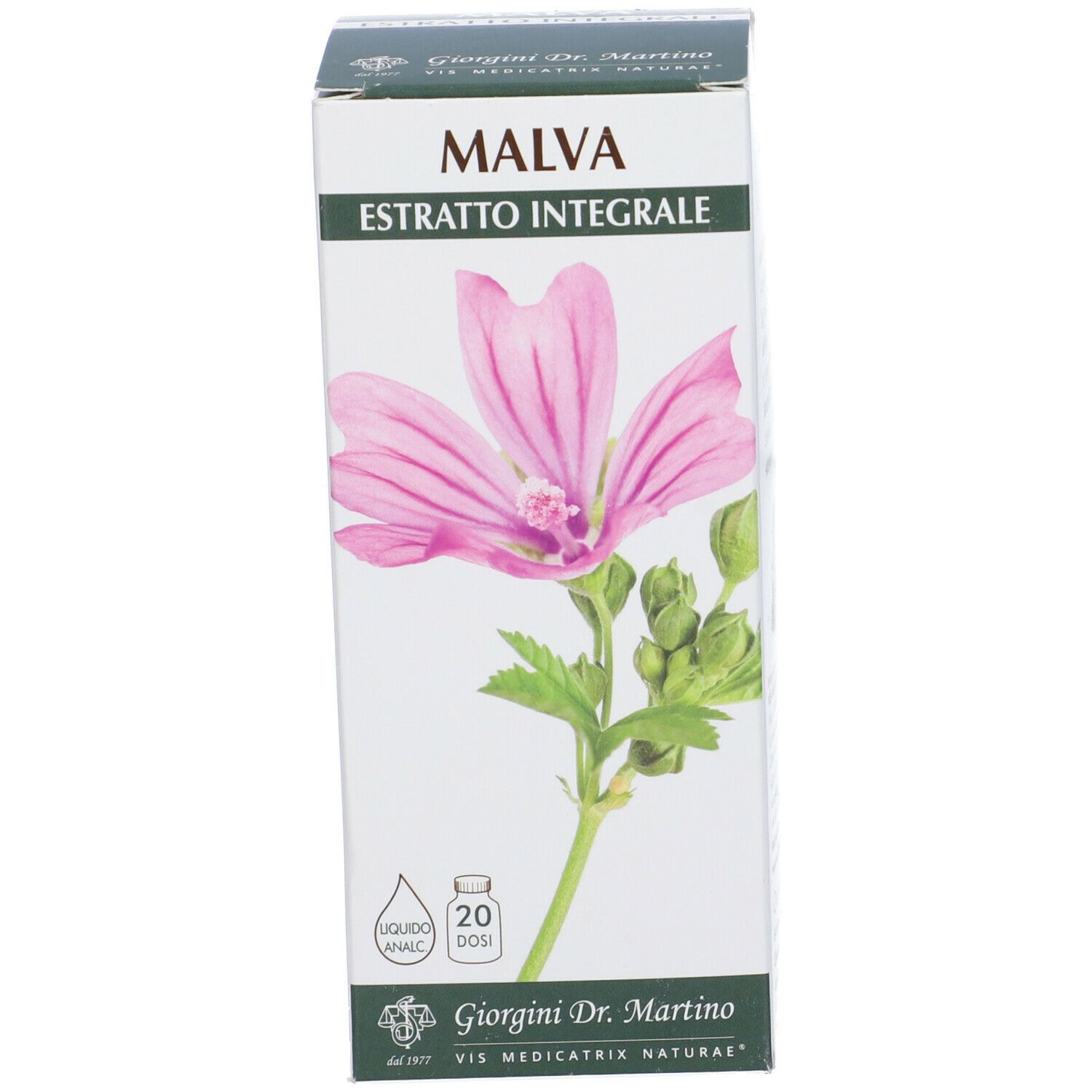Karton mit Malvenblüten-Abbildung. Aufschrift: MALVA, Extrakt. Hersteller: Giorgini Dr. Martino. 20 Dosierungen.
